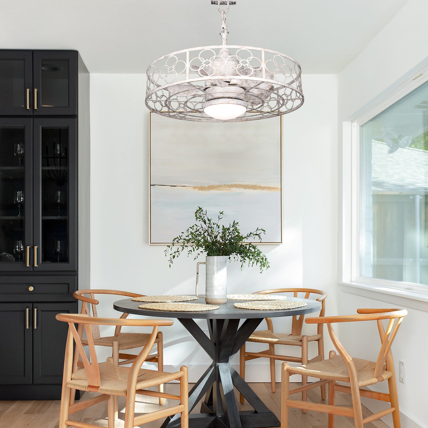 HW2036-BellaDepot 23.6" Distressed White Outdoor Ceiling Fan with Remote and LED Lights, DC Motor 6 Speeds Ceiling Fan