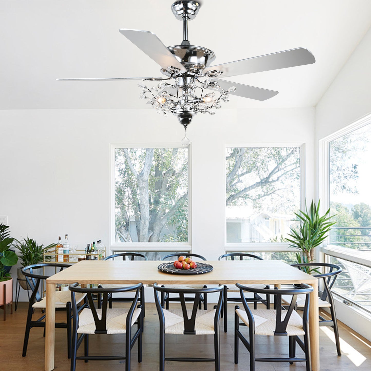 BD2014-52" Black/Chrome Finish Luxury Crystal Reversible Ceiling Fan with Remote and 3 Lights