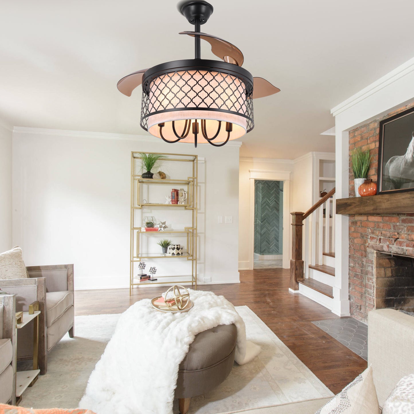 DC4271-B-BellaDepot 42" Vintage Chandelier Fan with Fabric and Metal Decor, Caged Ceiling Fan with Remote Control and Lights