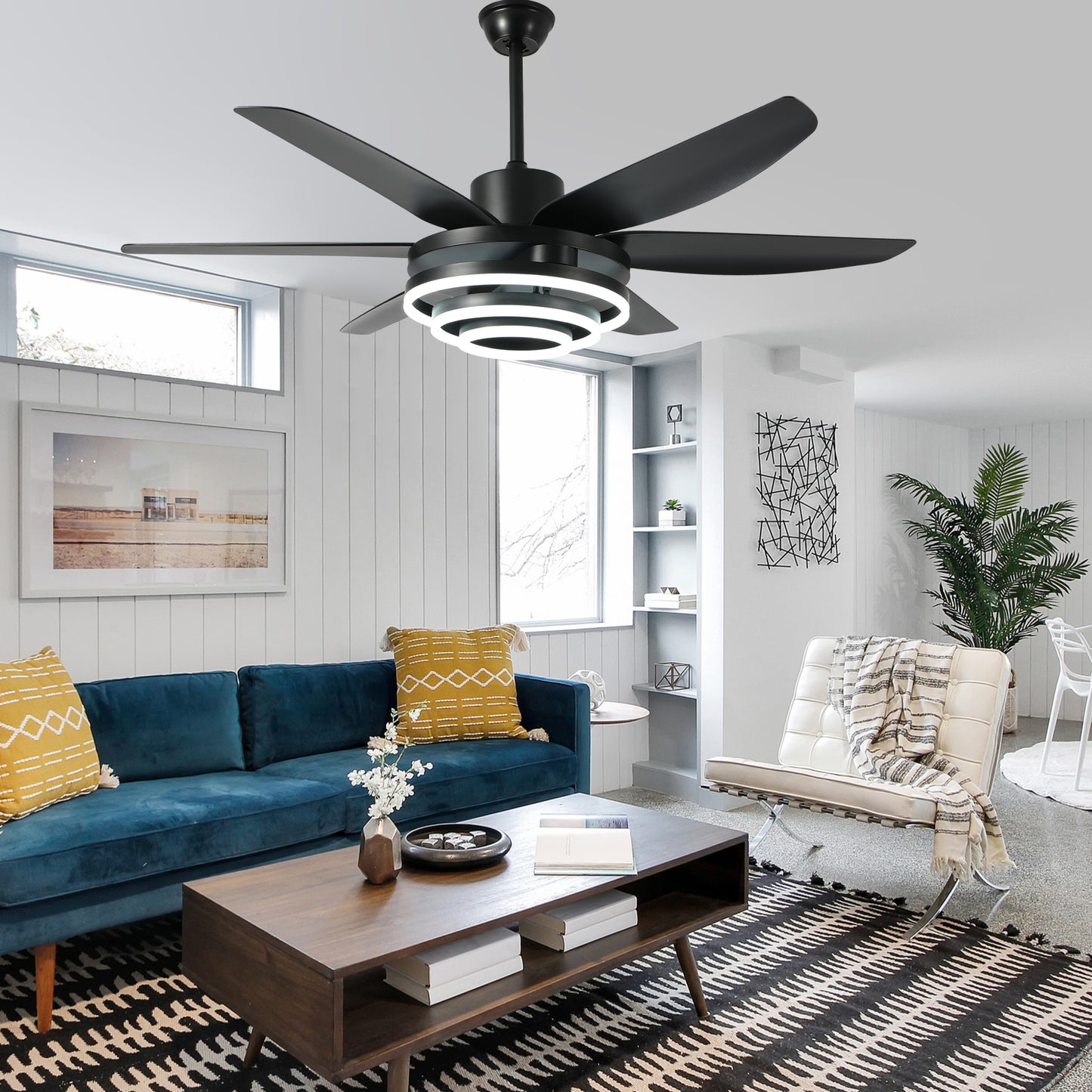 GED5614-BellaDepot 56" Modern Contemporary Black LED Ceiling Fan, 6 Speeds Ceiling Fan with Light Remote Control for All Seasons