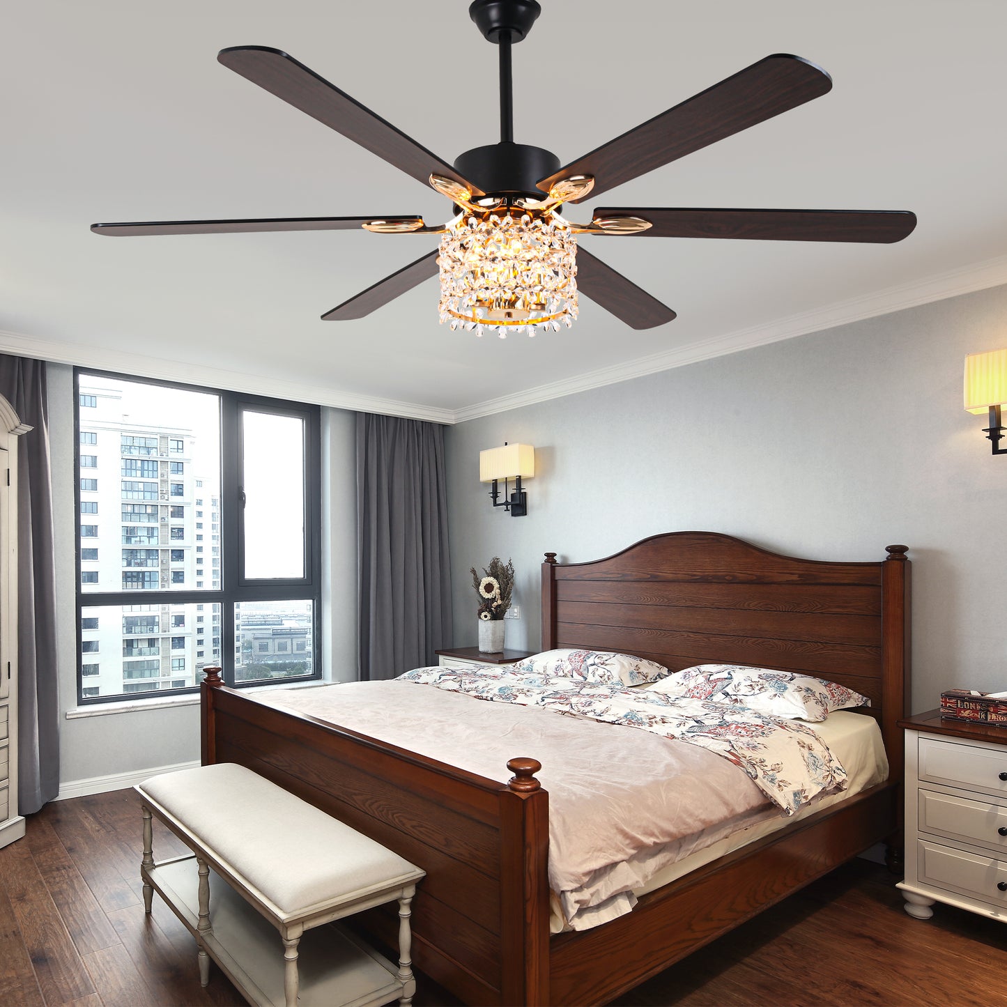 BellaDepot 65" Luxury Crystal Shape Flower Caged Ceiling Fan with Remote Control and 3 Lights, Black or Silver Silent Straight Leaf Fan for All Seasons - DC6510-B/C