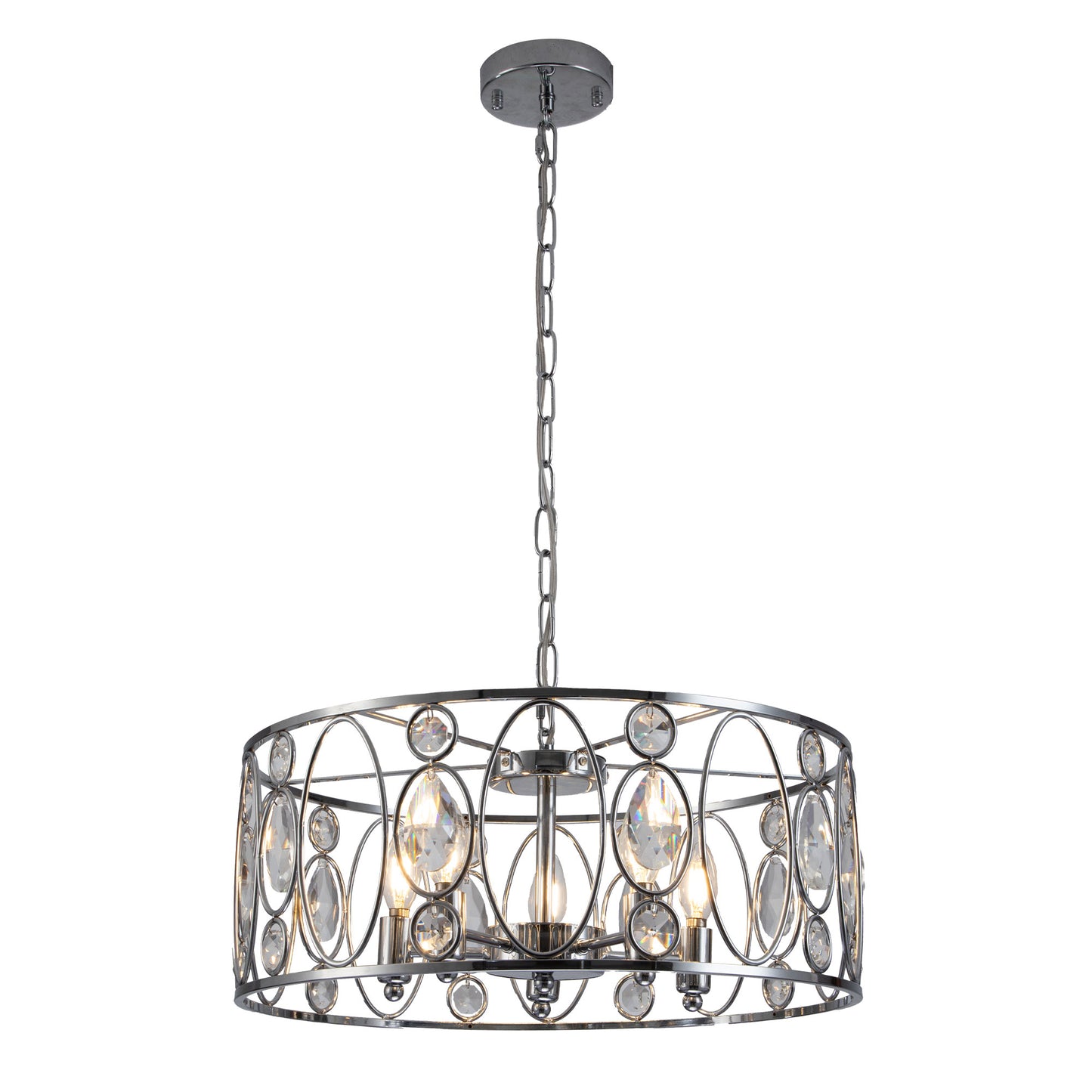 FC4086-5 Lights Black/Silver Finish Glamorous Crystal Geometric Chandelier, Height Adjustable Iron Pendant Light
