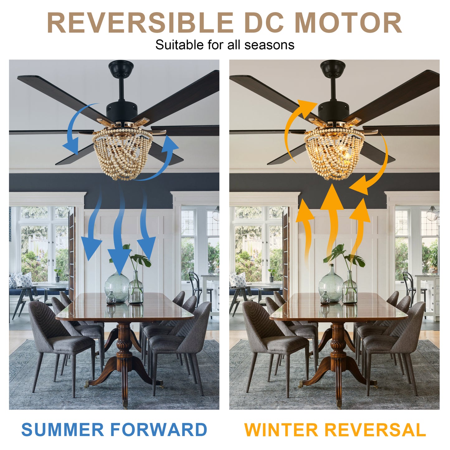 BellaDepot 65" Wood Bead Cottage Large Size Ceiling Fan with Remote Control, Silent Motor 6 Speeds Straight Leaf Fan with 3 Lights - DC6508