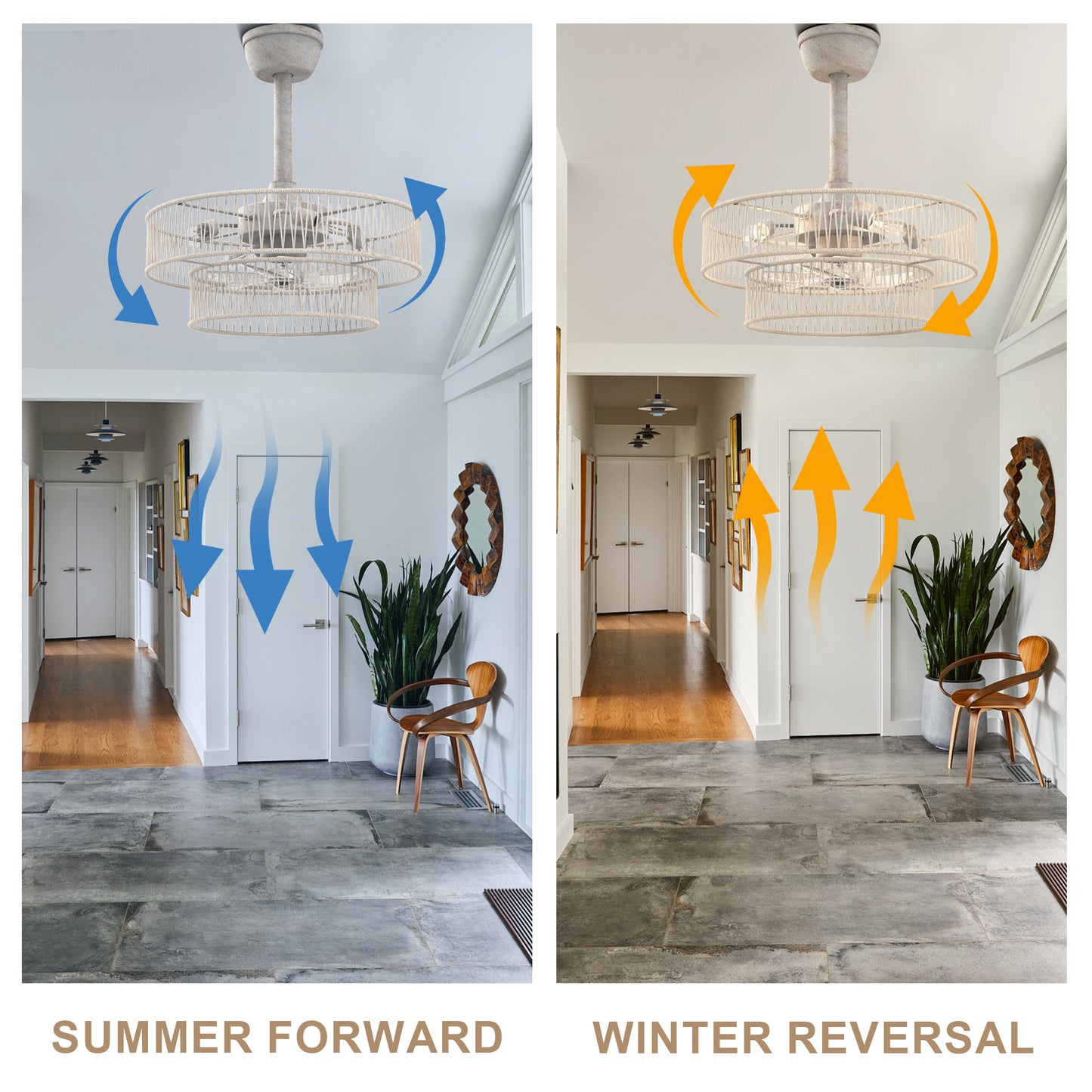 DC2030-BellaDepot 19.7" Hokkaido Distressed White Finish Simple Style Reversible Ceiling Fan with Remote and 4 Lights, 6-speed Bladeless Ceiling Fan