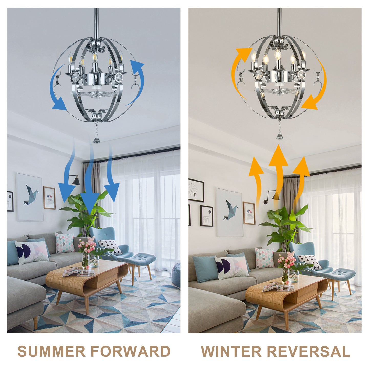 DC2031-19.7" Silver Finish Luxury Crystal Reversible Ceiling Fan with Remote and 5 Lights, 6-Speed Ceiling Fan