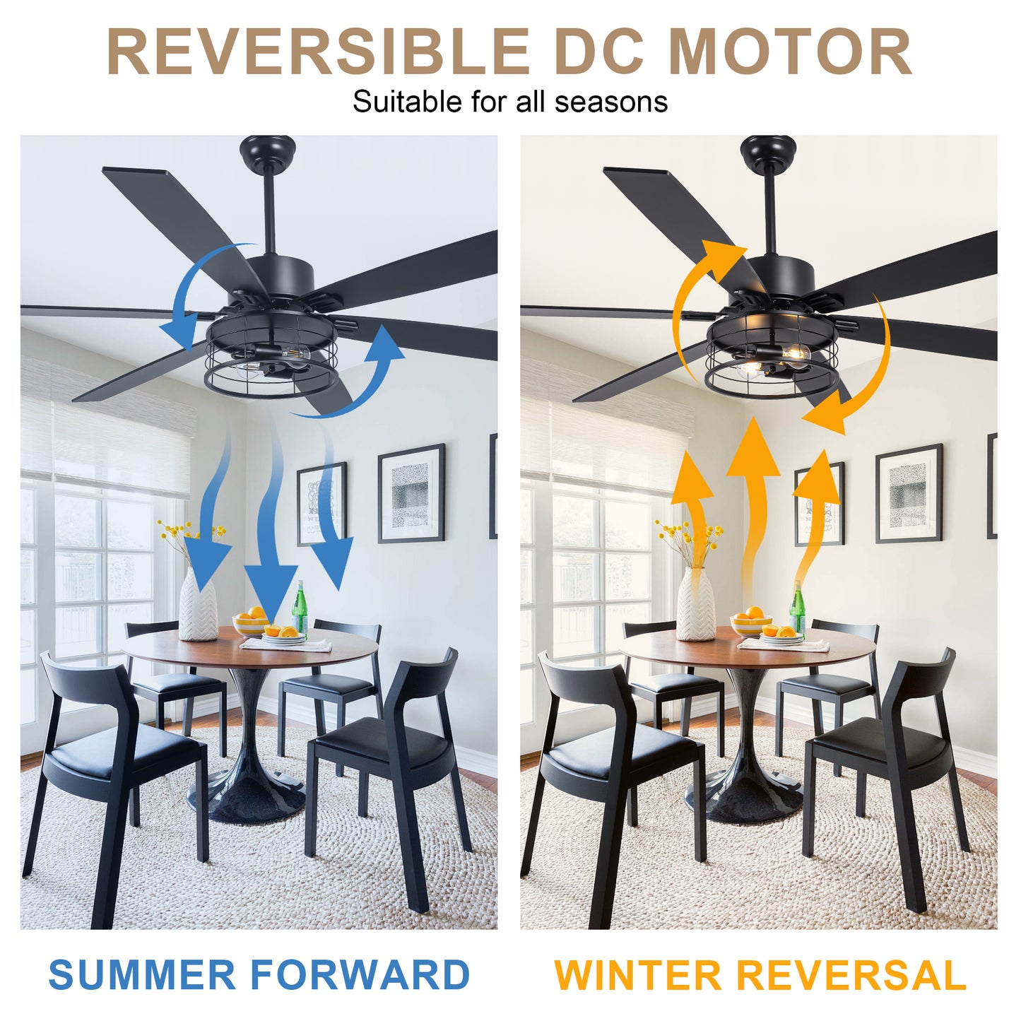 DC256501-BellaDepot 65" Industrial Matte Black Ceiling Fan, Reversible 6-speed Fan with Lights, Remote-controlled Fan