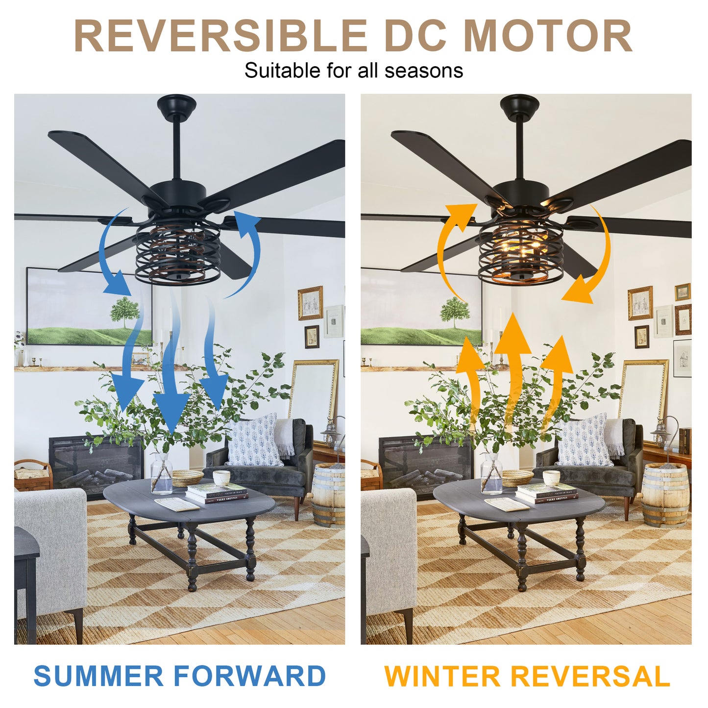 BellaDepot 65" Farmhouse Industrial Brown Large Size Ceiling Fan with Remote Control, Silent Motor 6 Speeds Straight Leaf Fan with 3 Lights - DC6507
