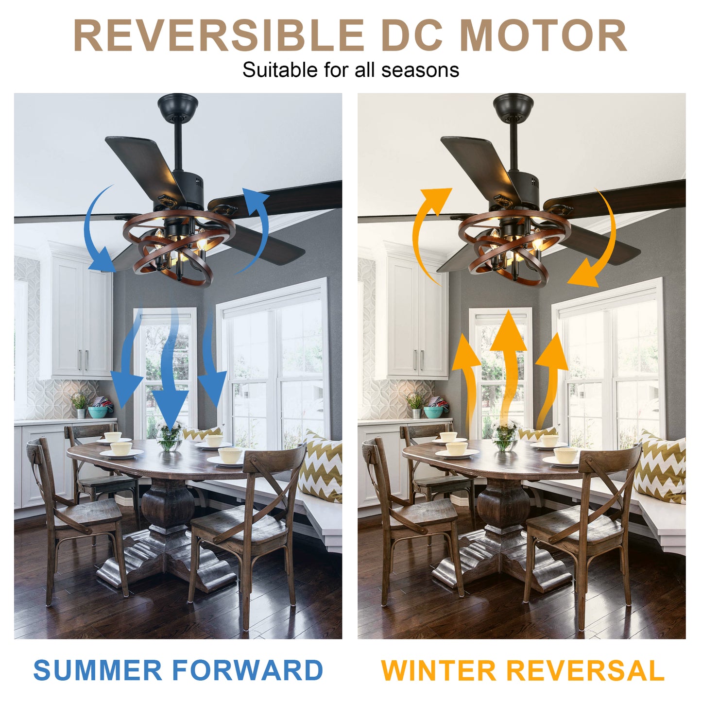BellaDepot 52" Farmhouse Brown Ceiling Fan with Remote Control, 5 Blades Standard Ceiling Fan with Lights - DC5219