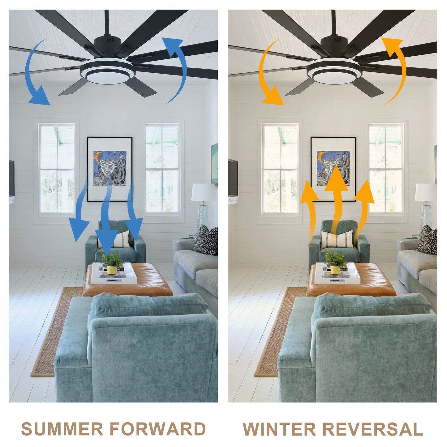 DC7206-BellaDepot 72" Black/Silver/Gold Finish Modern Urban Wood Reversible Ceiling Fan with Remote and LED Light Kit Included, Large Size Ceiling Fan