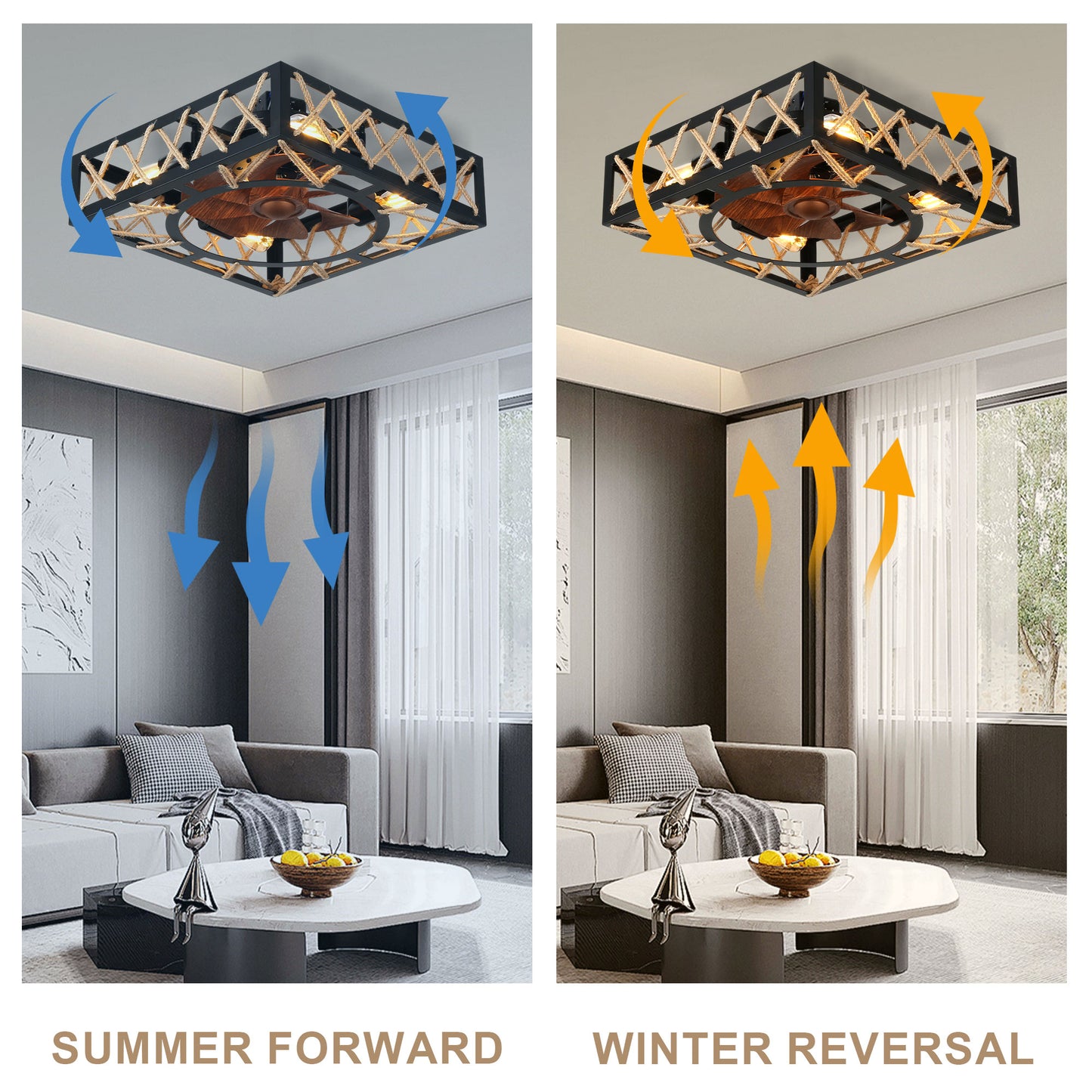 DC1817-BellaDepot 18.1" Rectangular Shape Flush Mounted Reversible Ceiling Fan with Remote and 4 Lights, 6-speed Ceiling Fan