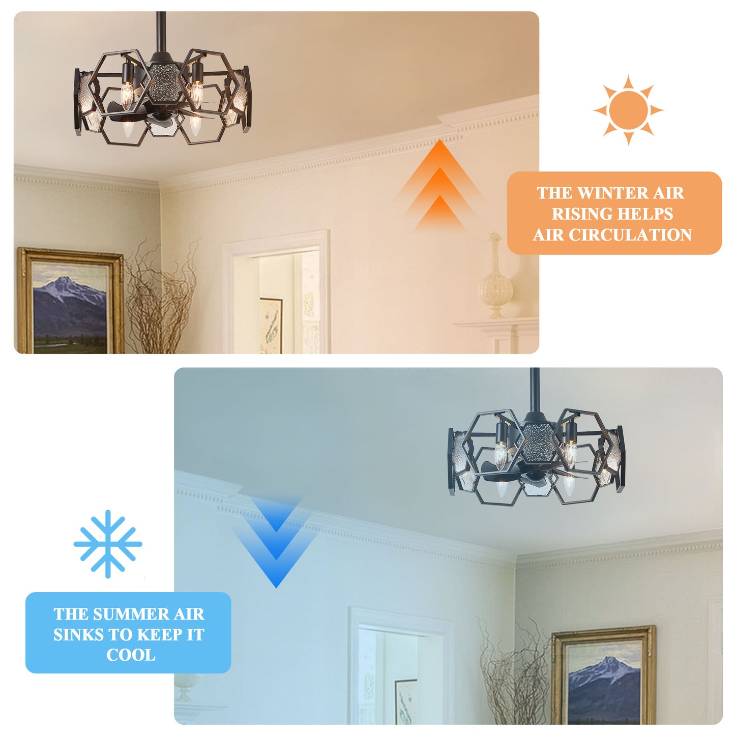 DC1903-BellaDepot 18.9" Gold/Black/Silver Finish Geometric Reversible Ceiling Fan with 6 Lights and Remote