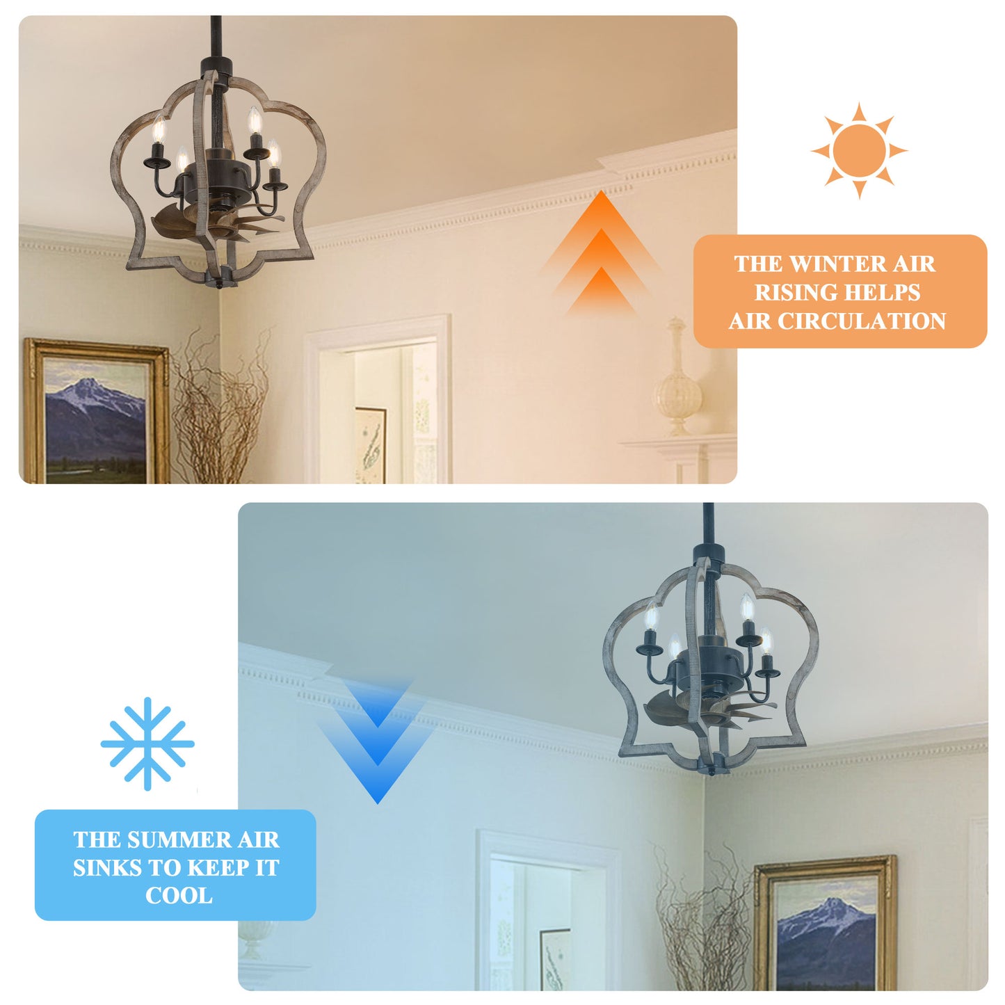 BD1501-BellaDepot 14.6" Farmhouse Distressed Wood Caged Reversible Ceiling Fan with Remote and 4 Lights