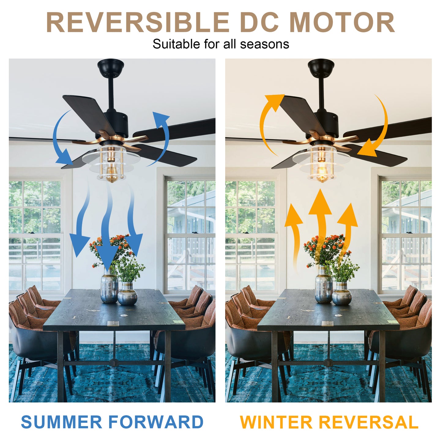 BellaDepot 52" Modern Black or Chrome Acrylic Shade Ceiling Fan with Remote Control, 5 Blades Standard Ceiling Fan with Lights - DC5222-B/C