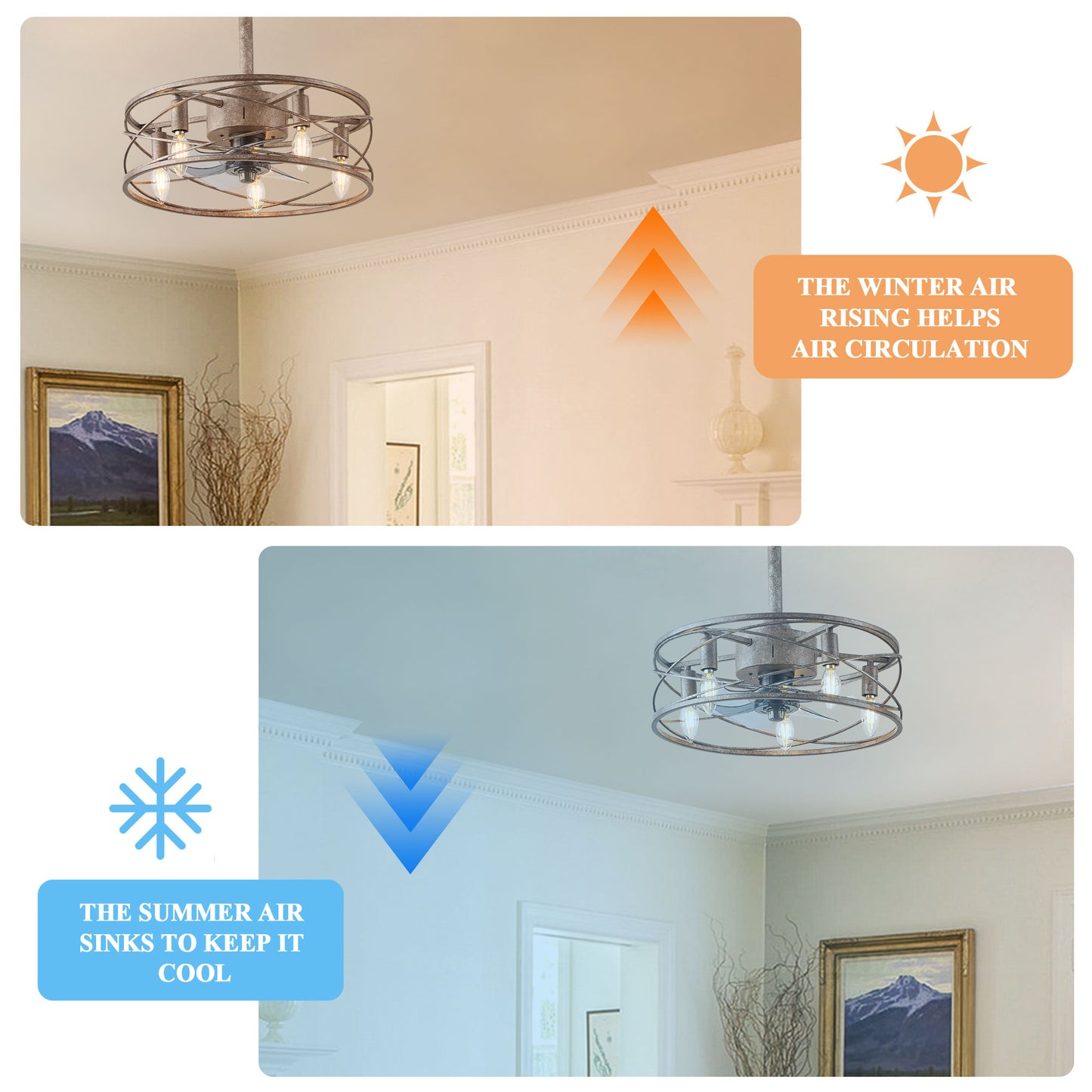 GED001-BellaDepot 18" Distressed Retro Reversible Caged Ceiling Fan with Remote and 5 Lights