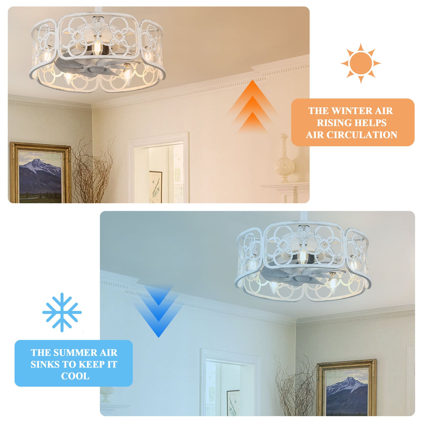 BD1814-BellaDepot 18.1" Farmhouse Distressed Metal Caged Reversible Ceiling Fan with Remote and 5 Lights