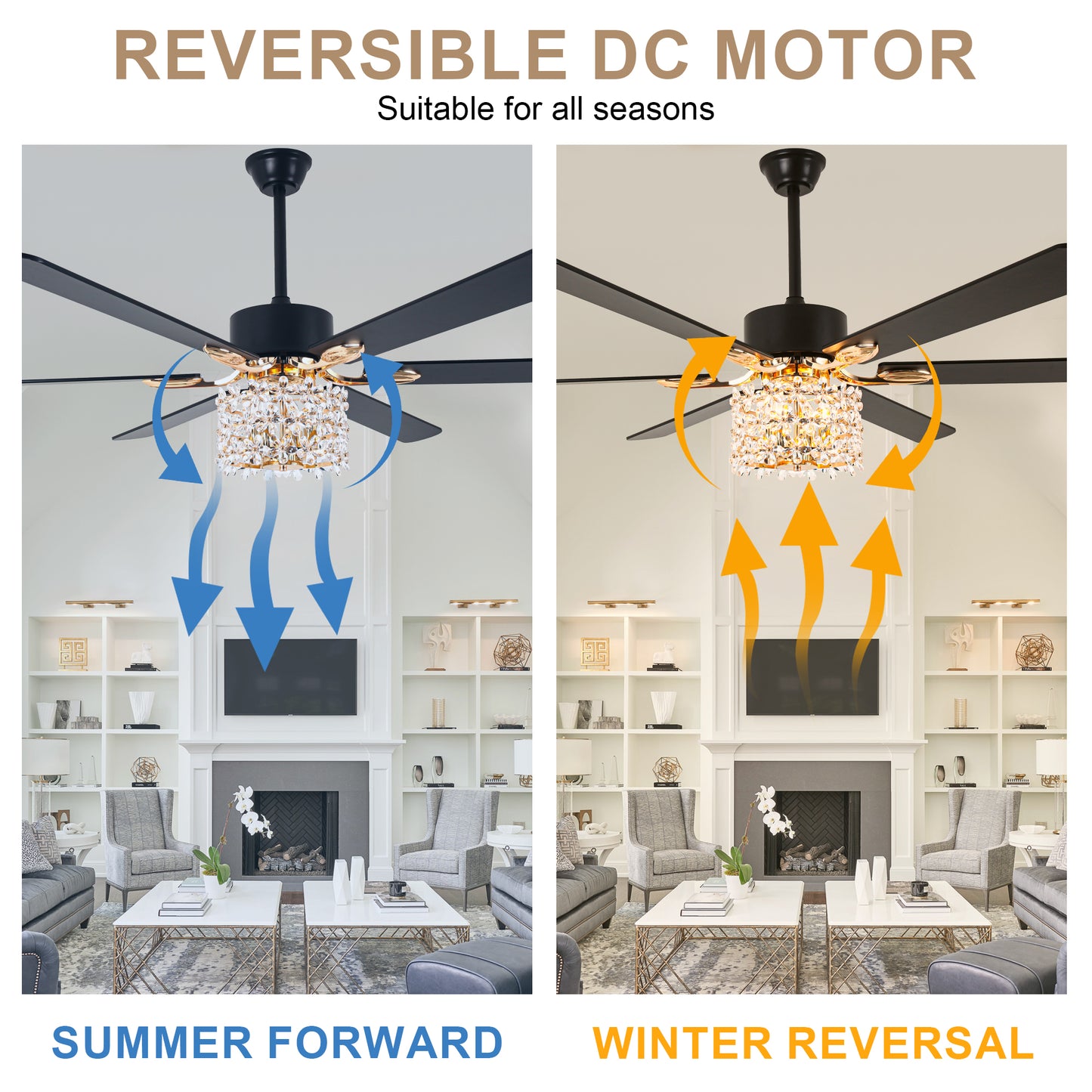 BellaDepot 65" Luxury Crystal Shape Flower Caged Ceiling Fan with Remote Control and 3 Lights, Black or Silver Silent Straight Leaf Fan for All Seasons - DC6510-B/C