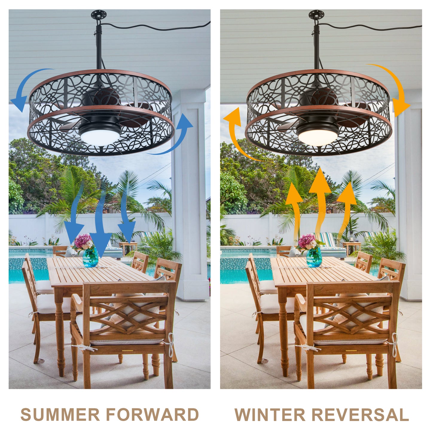 HW2310-GED-BellaDepot 24" Outdoor Iron Carving Caged Ceiling Fan with Remote Control, DC Motor 6 Speeds Fan with LED Lights