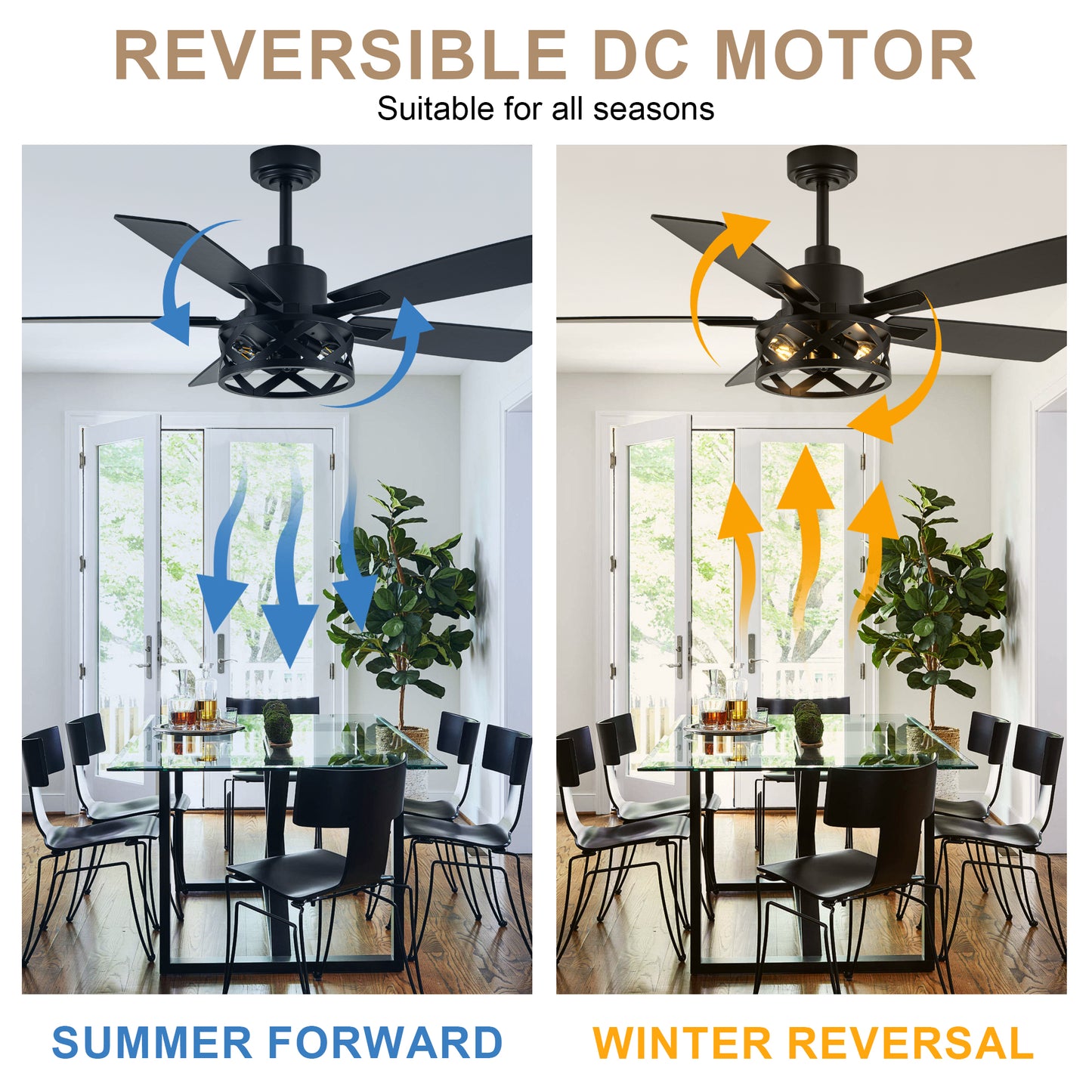 MD-FS8962XL-BellaDepot 52" Industrial Wood Grain Caged Ceiling Fan with Remote and Reversible Blades, Large Size 6-speed Ceiling Fan with Lights