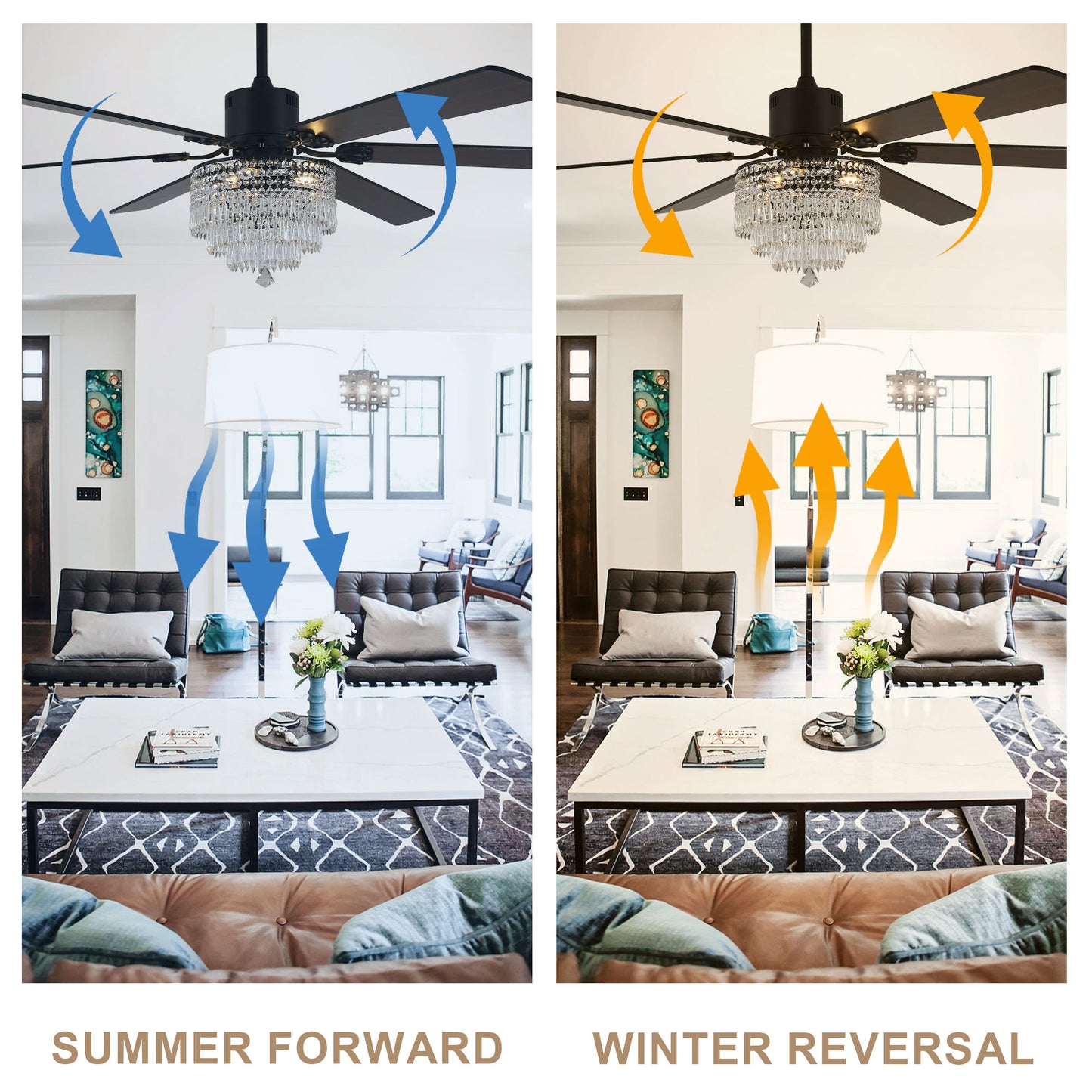DC6502-65" Black/Silver Finish Metal Crystal Wooden Reversible Ceiling Fan with Remote and 3 Lights, Large Size Ceiling Fan