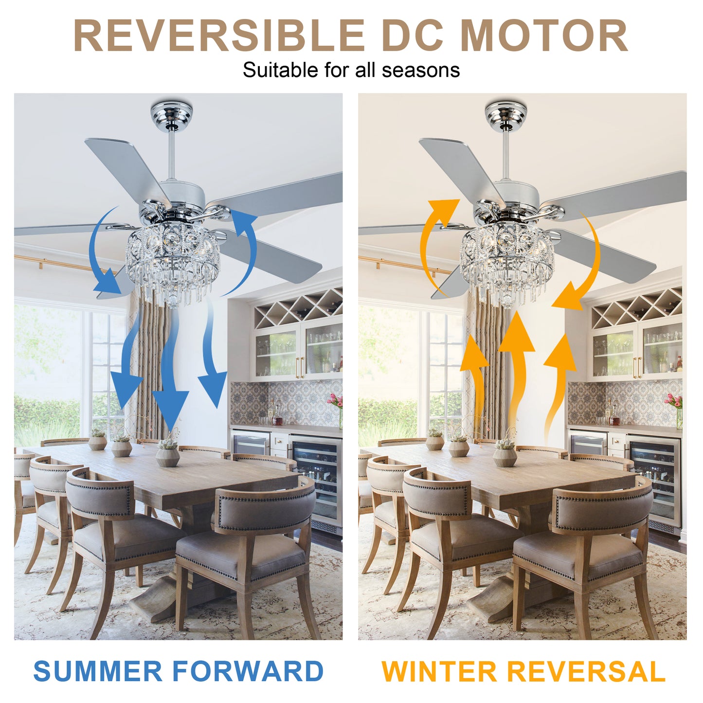 BD2064-52" Silver Finish Deluxe Crystal Reversible Ceiling Fan with 3 Lights and Remote