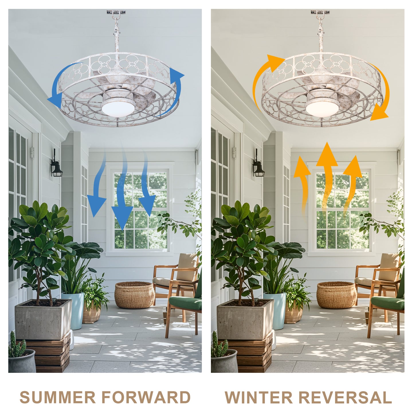 HW2036-BellaDepot 23.6" Distressed White Outdoor Ceiling Fan with Remote and LED Lights, DC Motor 6 Speeds Ceiling Fan