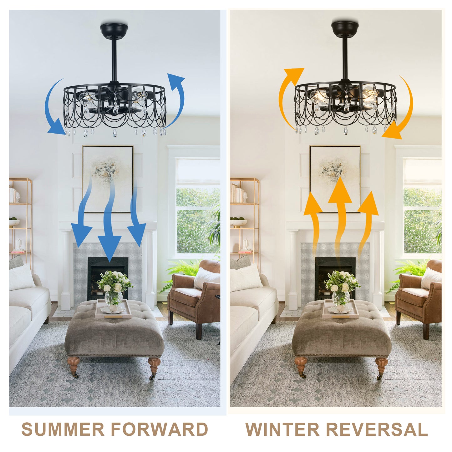 DC2105-20.8" Black/Silver Finish Luxury Crystal Reversible Ceiling Fan with Remote and 4 Lights, 6-speed Bladeless Ceiling Fan