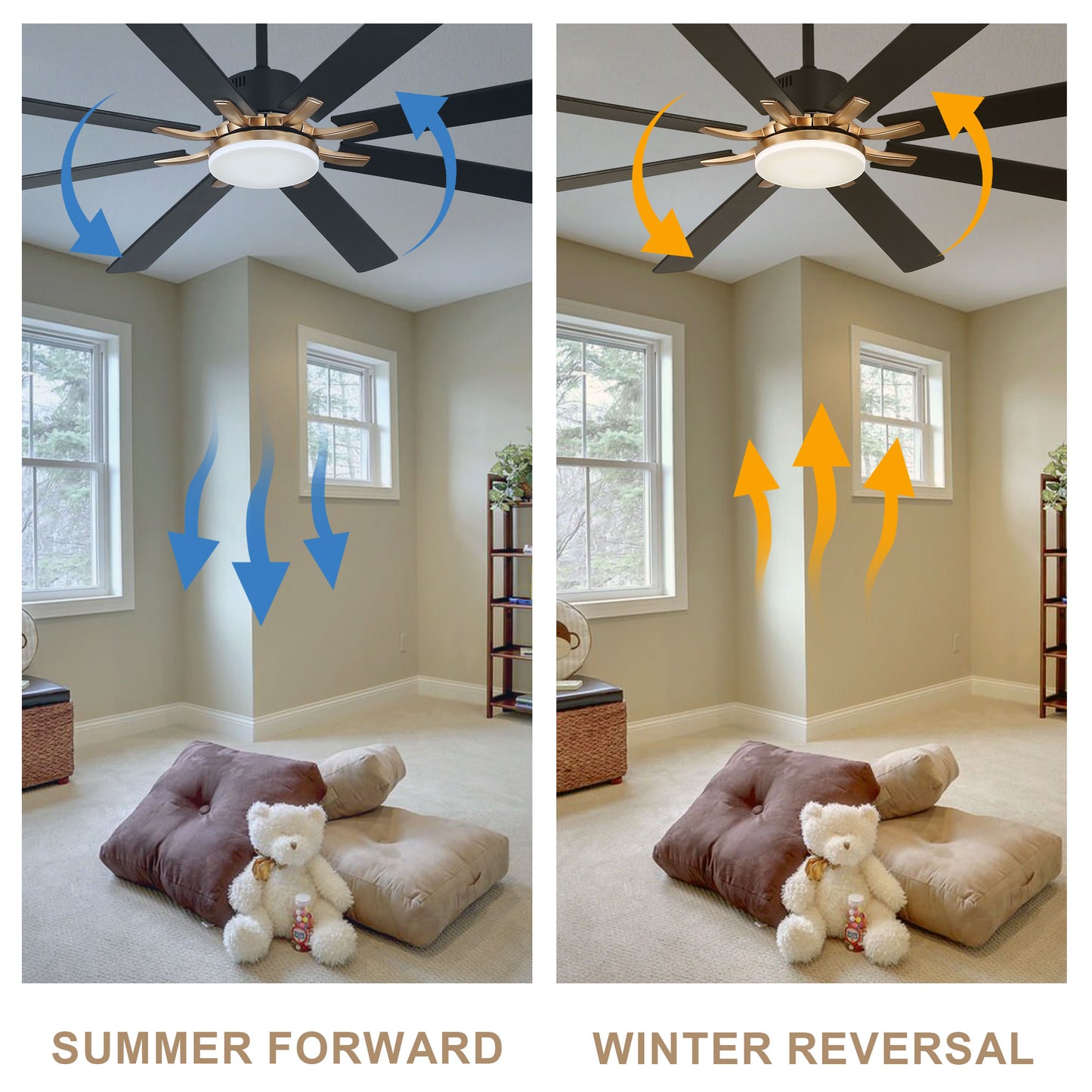 DC7203-72" 8 Blades Black/Silver Finish Modern Urban Reversible Ceiling Fan with Remote and LED Light Kit Included, Large Size Dimmable Ceiling Fan