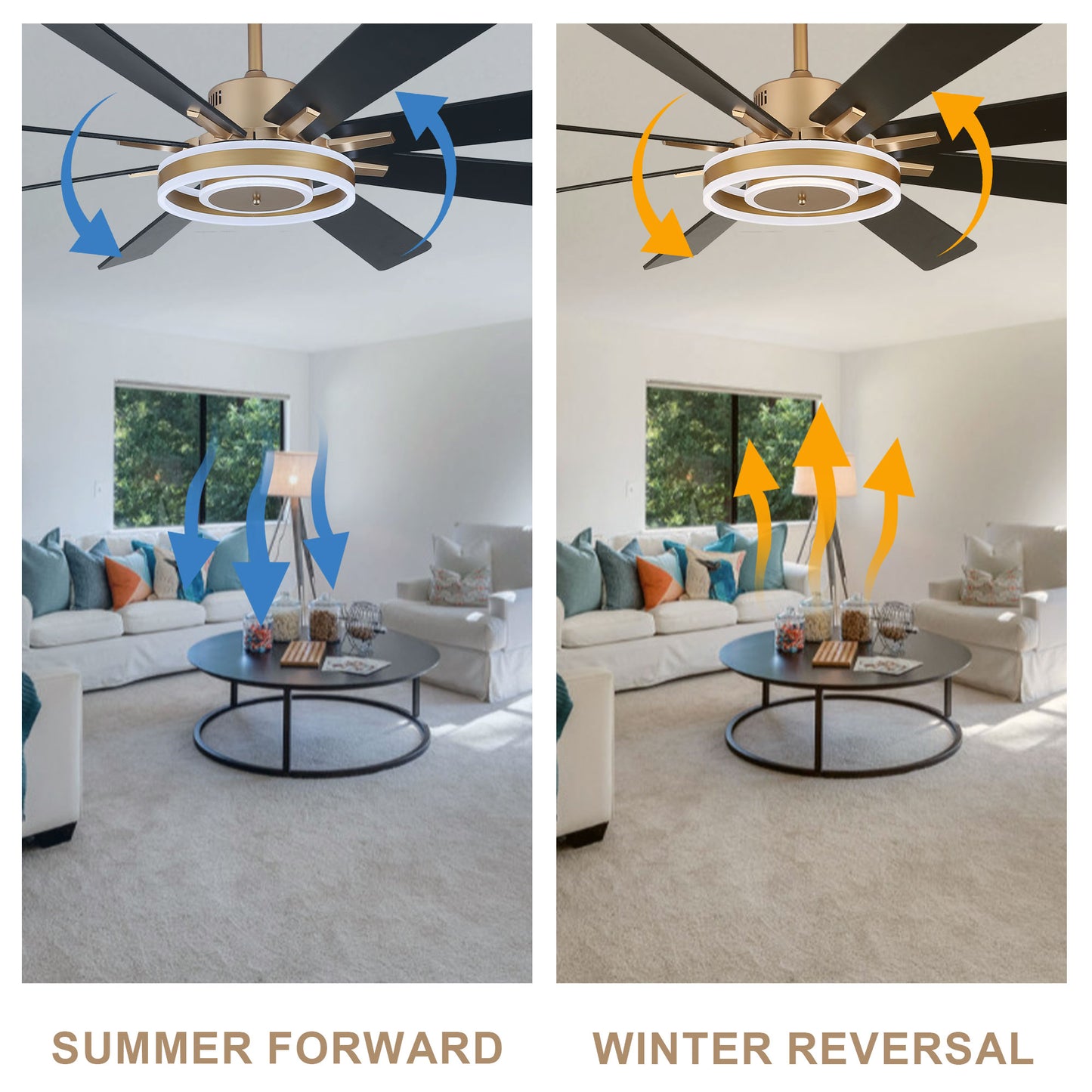 DC7202-BellaDepot 72" 8 Wooden Blades Gold/Black/Silver Finish Modern Urban Reversible Ceiling Fan with Remote and LED Light Kit Included, Large Size Dimmable Ceiling Fan