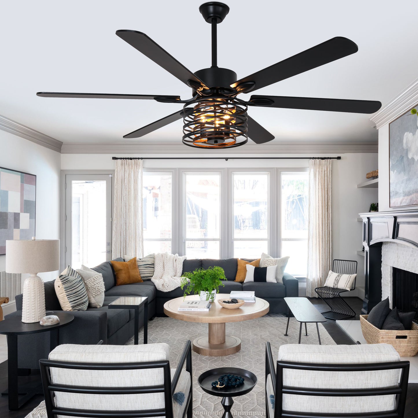 BellaDepot 65" Farmhouse Industrial Brown Large Size Ceiling Fan with Remote Control, Silent Motor 6 Speeds Straight Leaf Fan with 3 Lights - DC6507