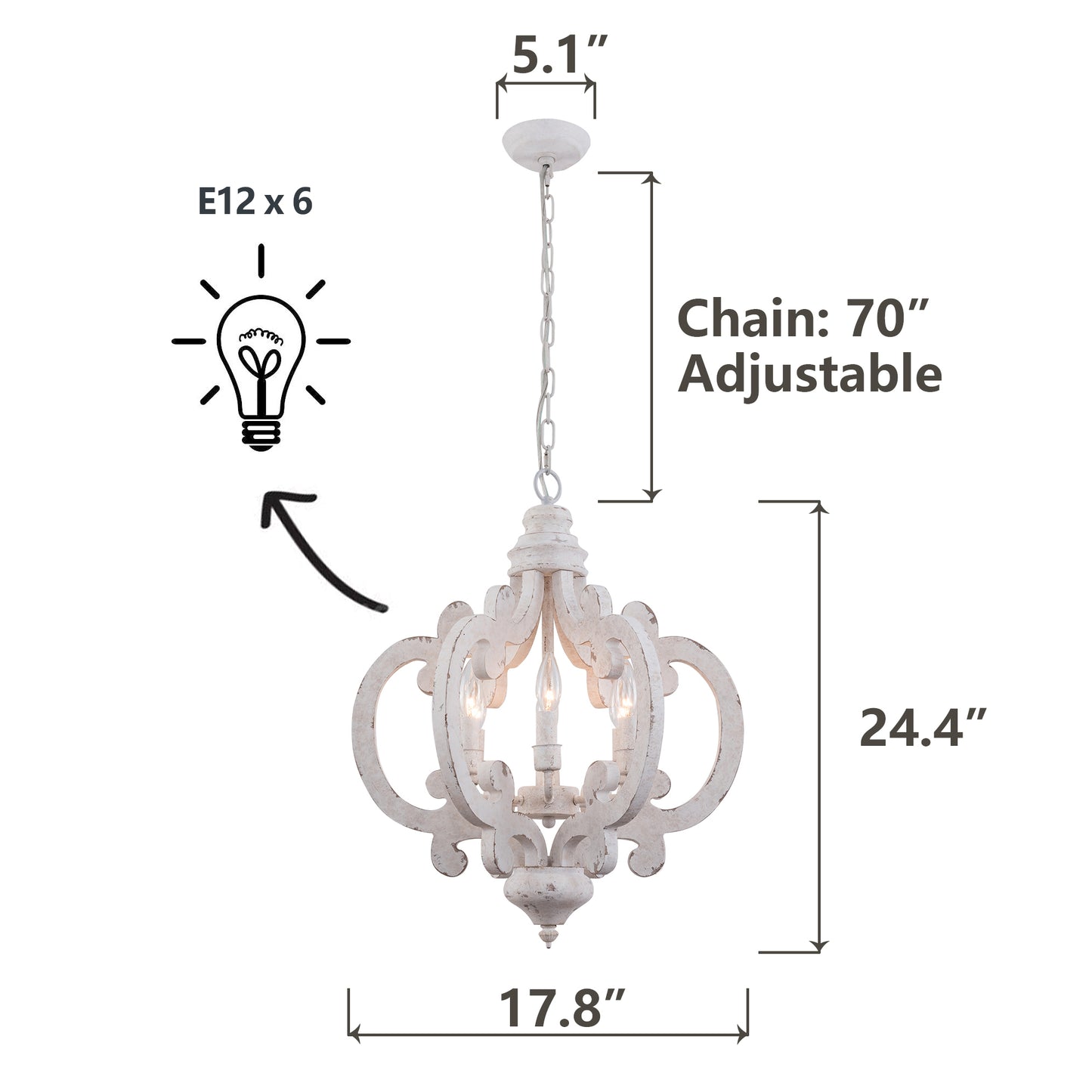 FC4002-6 Light Distressed Wood/Distressed White French Country Vintage Style Distressed Wood Geometric Chandelier, Wooden Pendant Light with Adjustable Chain