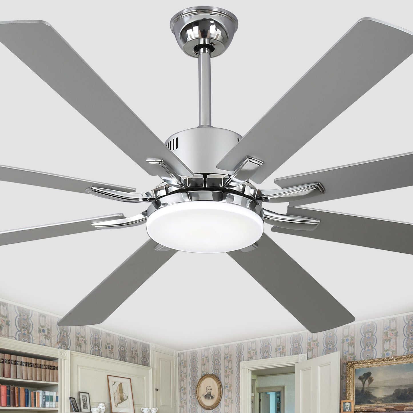 DC7203-72" 8 Blades Black/Silver Finish Modern Urban Reversible Ceiling Fan with Remote and LED Light Kit Included, Large Size Dimmable Ceiling Fan