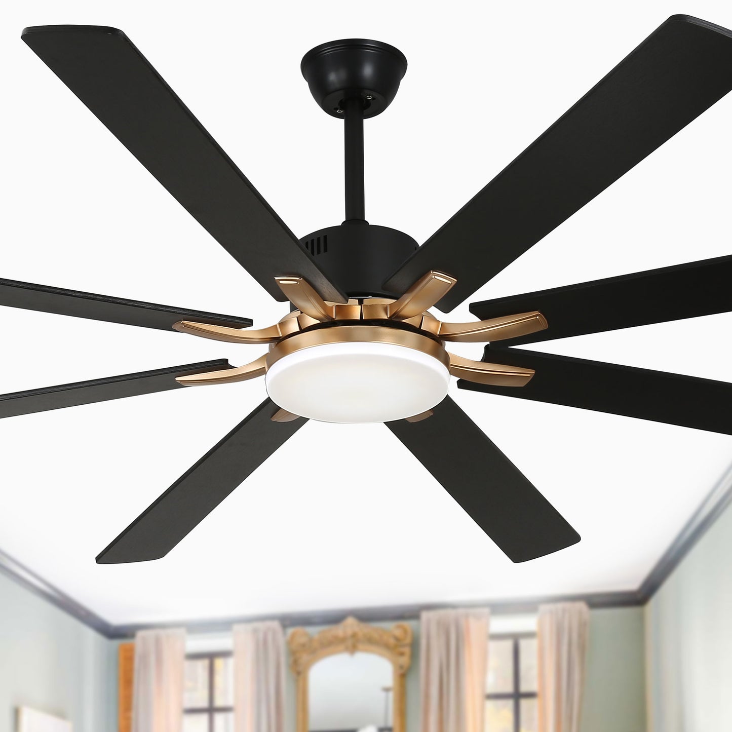 DC7203-72" 8 Blades Black/Silver Finish Modern Urban Reversible Ceiling Fan with Remote and LED Light Kit Included, Large Size Dimmable Ceiling Fan