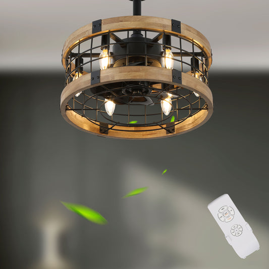BD1812-BellaDepot 17.7" Cottage Metal Caged Reversible Ceiling Fan with Remote and 6 Lights, Wooden Ceiling Fan