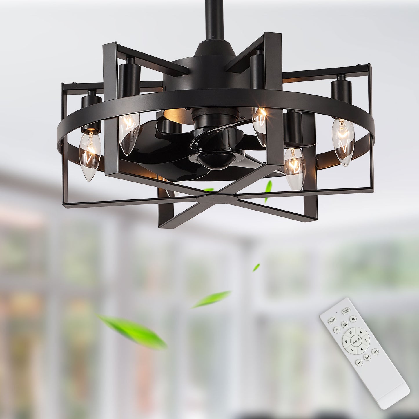 DC1816-BellaDepot 17.7" Black/Silver Industrial Caged Reversible Ceiling Fan with Remote and Lights, DC Motor Ceiling Fan