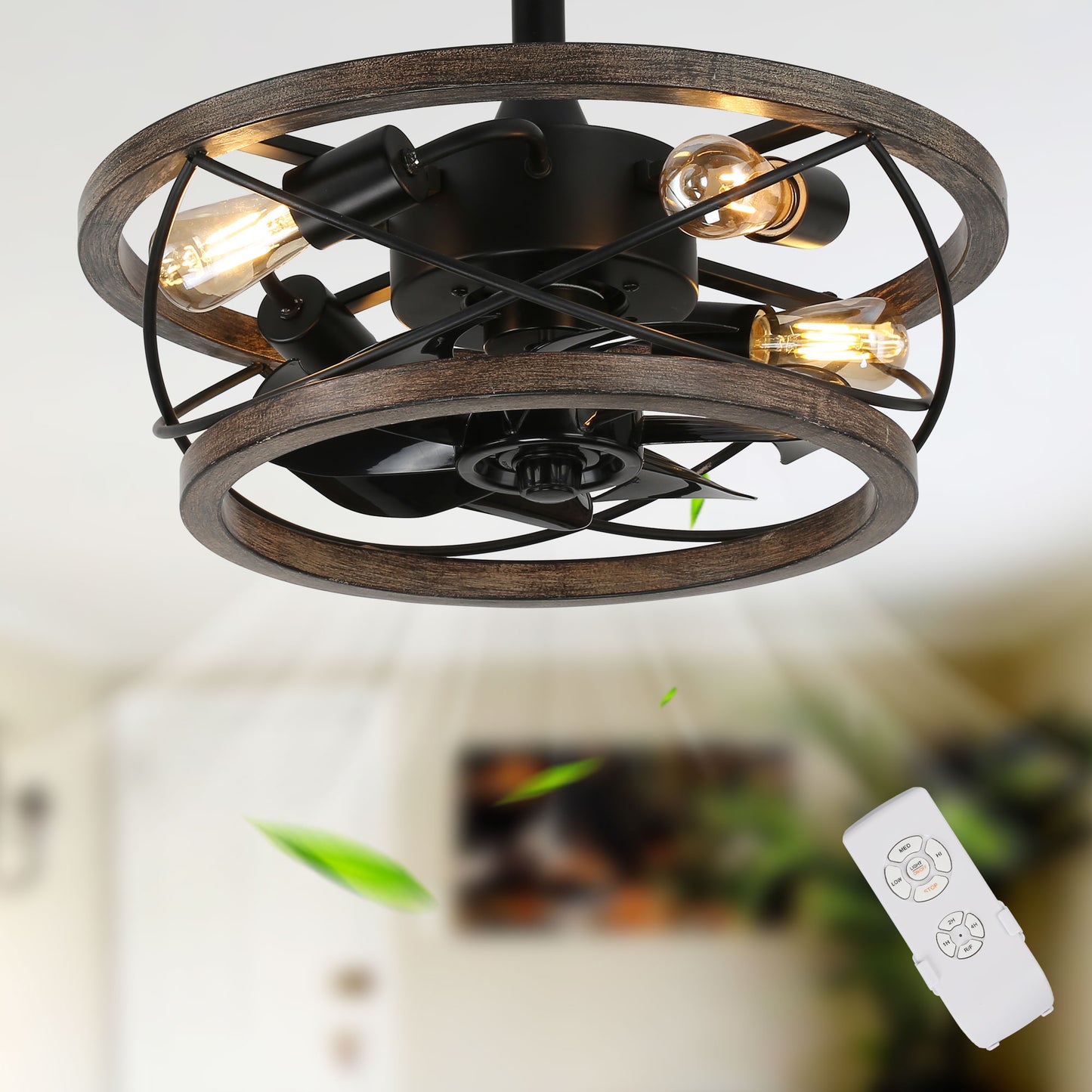 BD1815-17.7" Industrial Metal Caged Reversible Ceiling Fan with Remote and 4 Lights