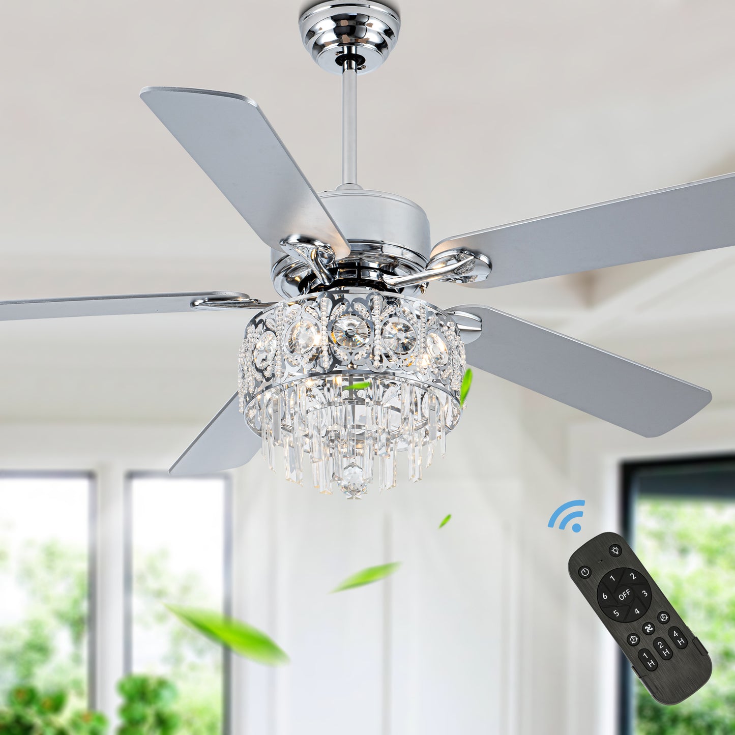 BD2064-52" Silver Finish Deluxe Crystal Reversible Ceiling Fan with 3 Lights and Remote