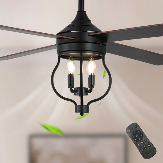 DC5212-BellaDepot 52" Classic Matte Black Reversible Ceiling Fan with Lights and Remote. DC Motor Ceiling Fan