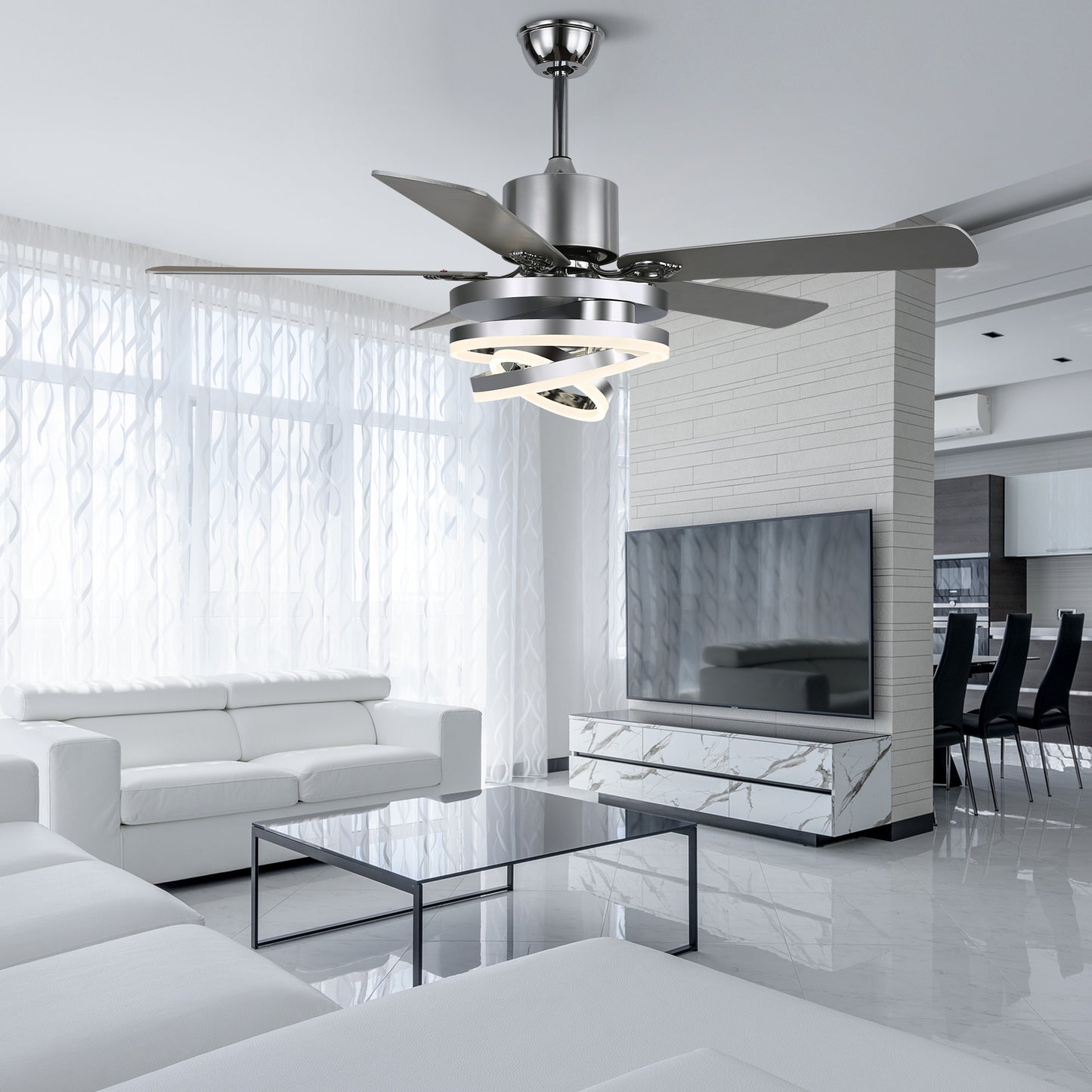 DC2062-BellaDepot 52" Black/Silver Finish Dimmable Ceiling Fan with Remote and LED Light Kit Included, 6-speed Ceiling Fan