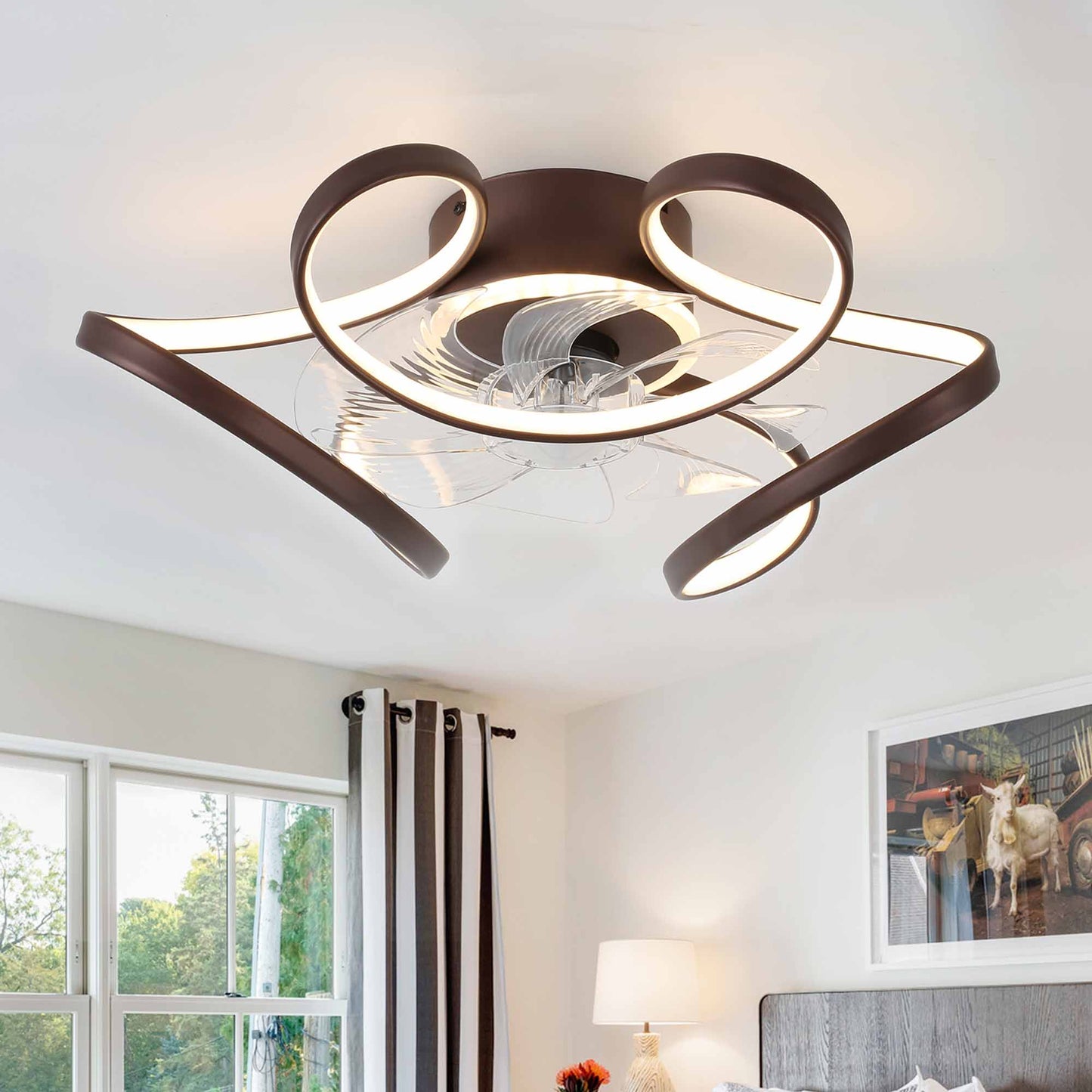 DC2203-BellaDepot 22" Black/Gold/Brown Finish Modern Style Low Profile Reversible Ceiling Fan with LED Light Kit Included and Remote