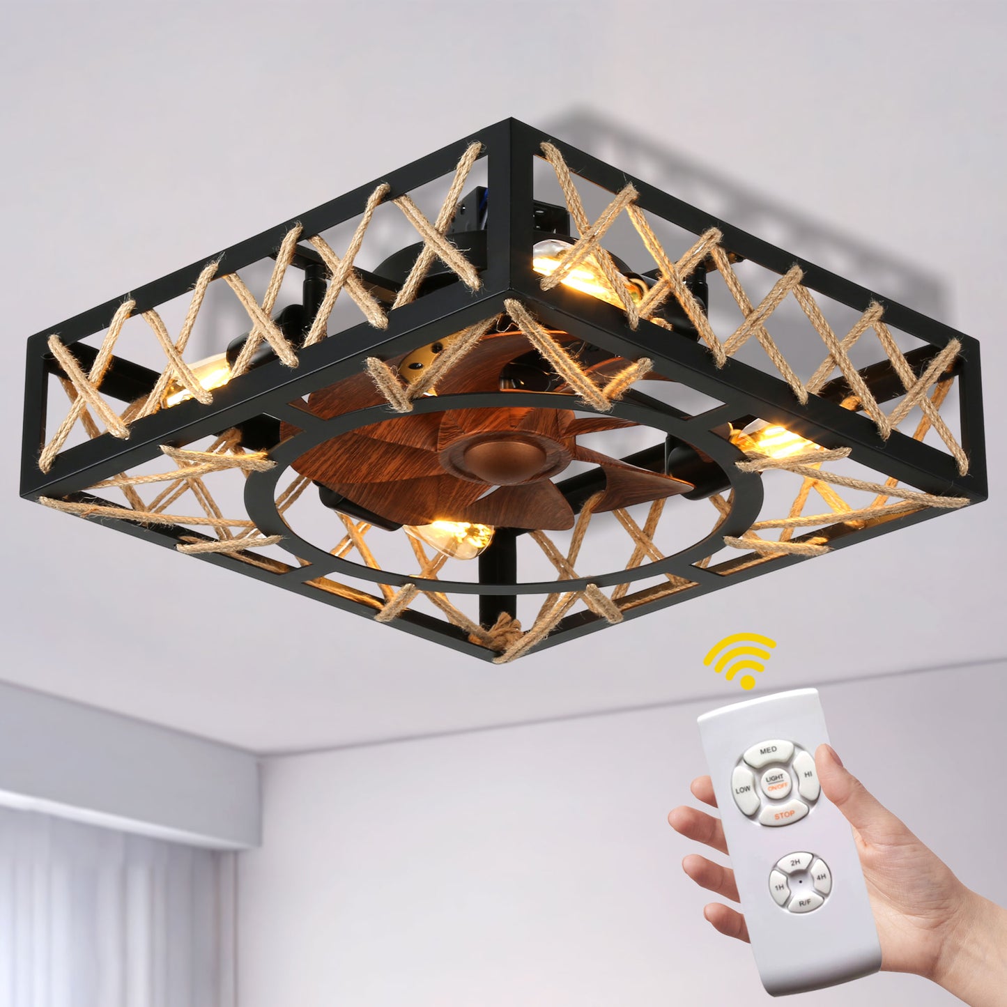 DC1817-BellaDepot 18.1" Rectangular Shape Flush Mounted Reversible Ceiling Fan with Remote and 4 Lights, 6-speed Ceiling Fan