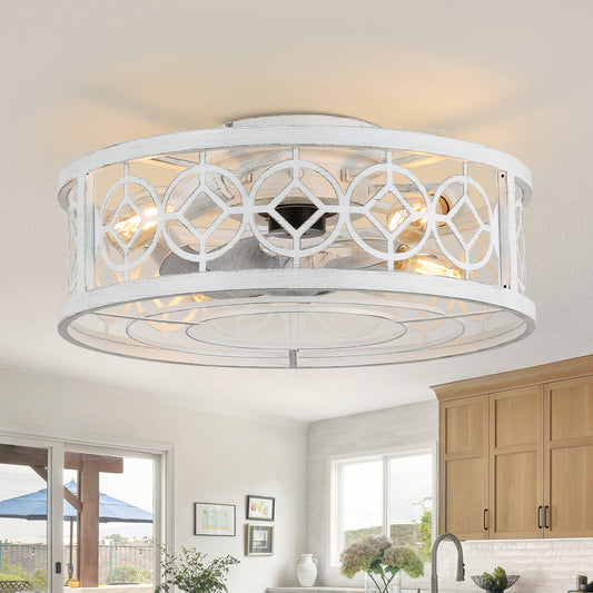 BD2072-BellaDepot 19.5" Farmhouse Distressed White Reversible Caged Ceiling Fan with 4 Lights and Remote
