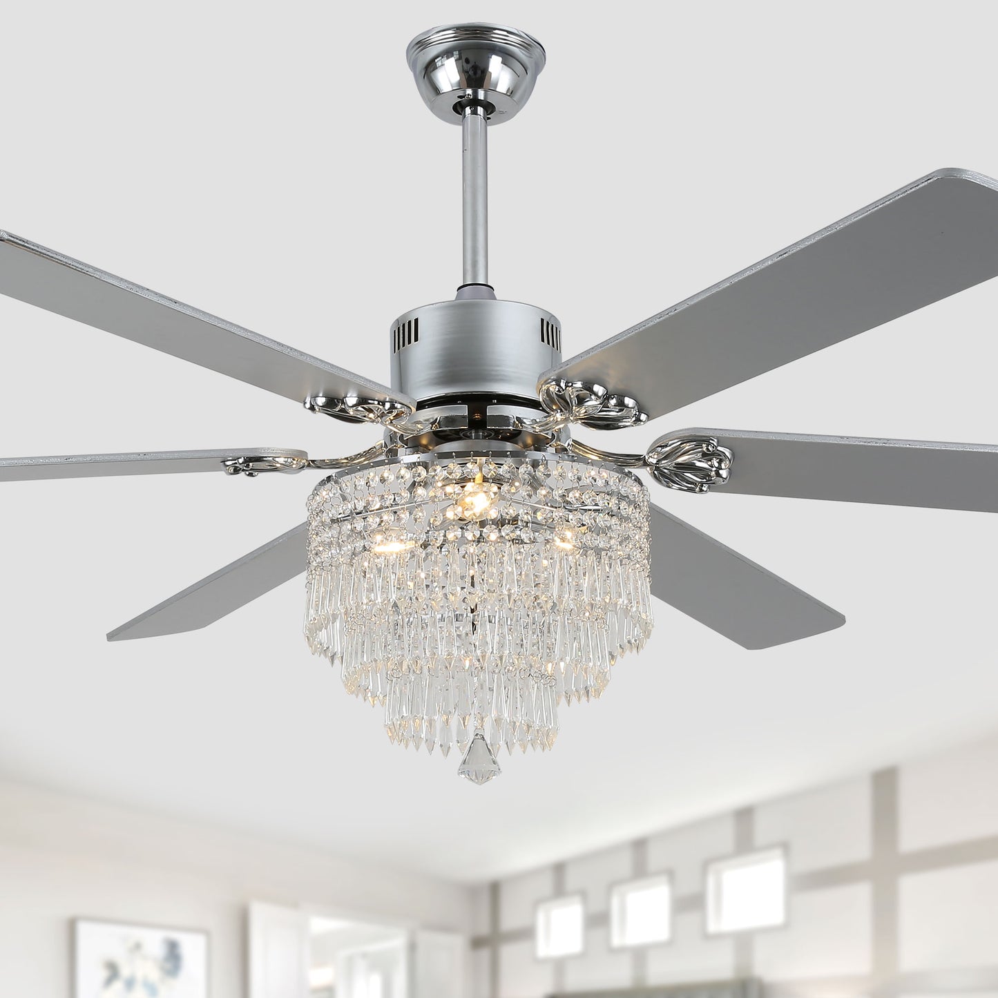 DC6502-65" Black/Silver Finish Metal Crystal Wooden Reversible Ceiling Fan with Remote and 3 Lights, Large Size Ceiling Fan