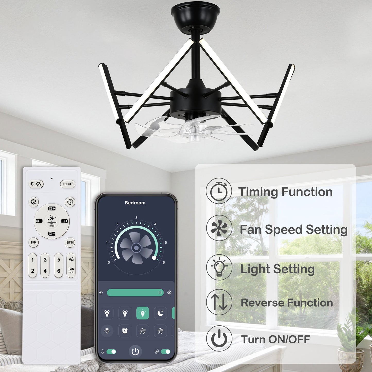 DC2104-18.11" Black Finish Modern Urban Reversible Ceiling Fan with Remote and LED Light Kit Included, Creative DIY Shape Ceiling Fan
