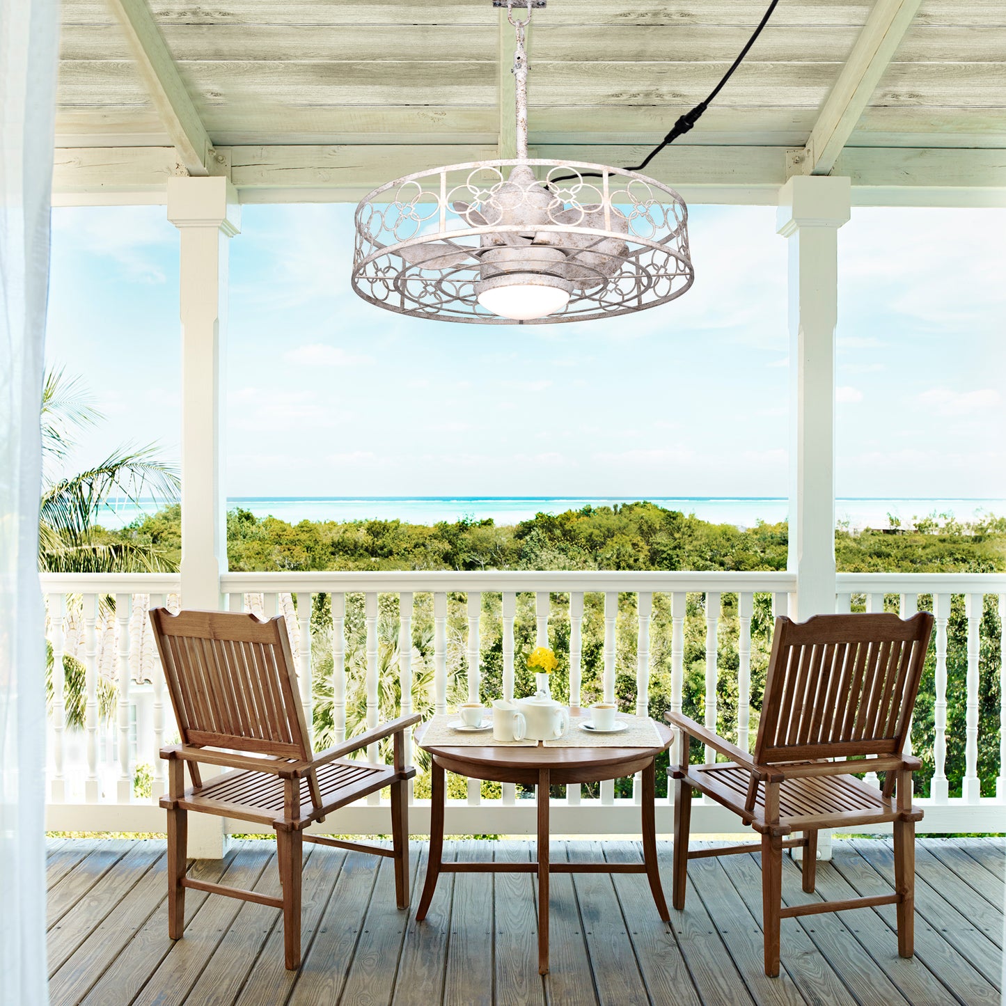 HW2036-BellaDepot 23.6" Distressed White Outdoor Ceiling Fan with Remote and LED Lights, DC Motor 6 Speeds Ceiling Fan