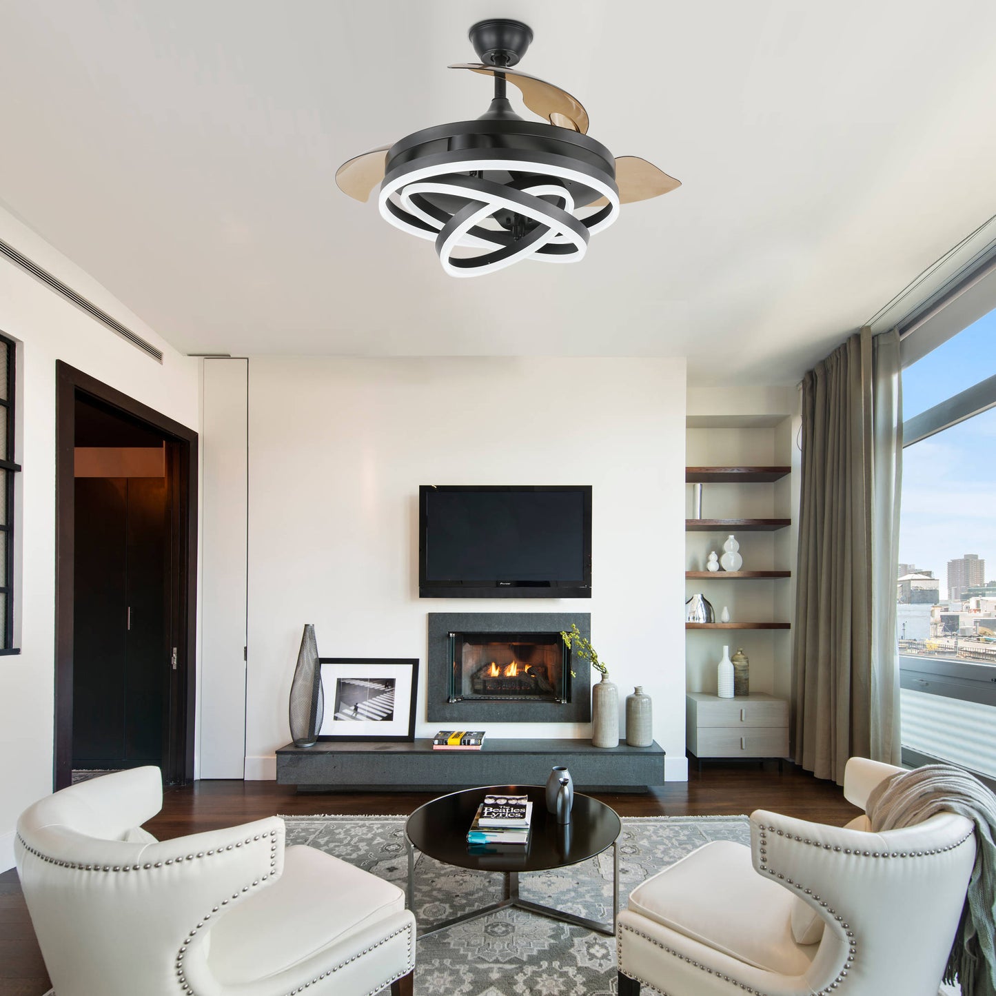 42" Indoor Modern Retractable LED Ceiling Fan with Remote Control and Dimmable Light