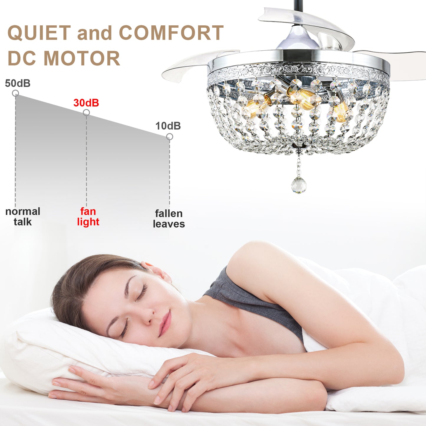 BellaDepot 42" Retro Silver Crystal Chandelier Ceiling Fan with Invisible Blades and Remote Control, Retractable Ceiling Fan for Living Room- DC4269-C