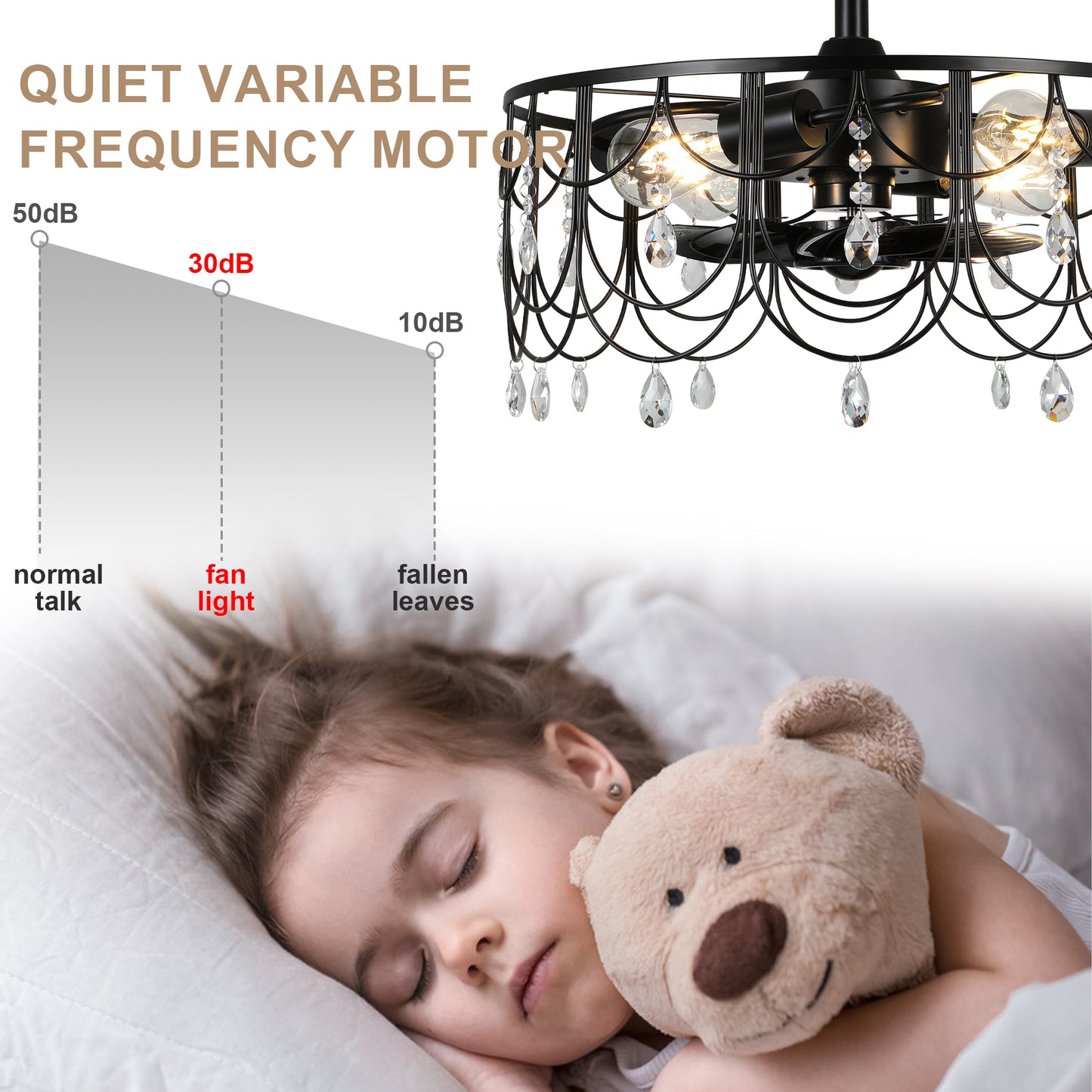 DC2105-20.8" Black/Silver Finish Luxury Crystal Reversible Ceiling Fan with Remote and 4 Lights, 6-speed Bladeless Ceiling Fan