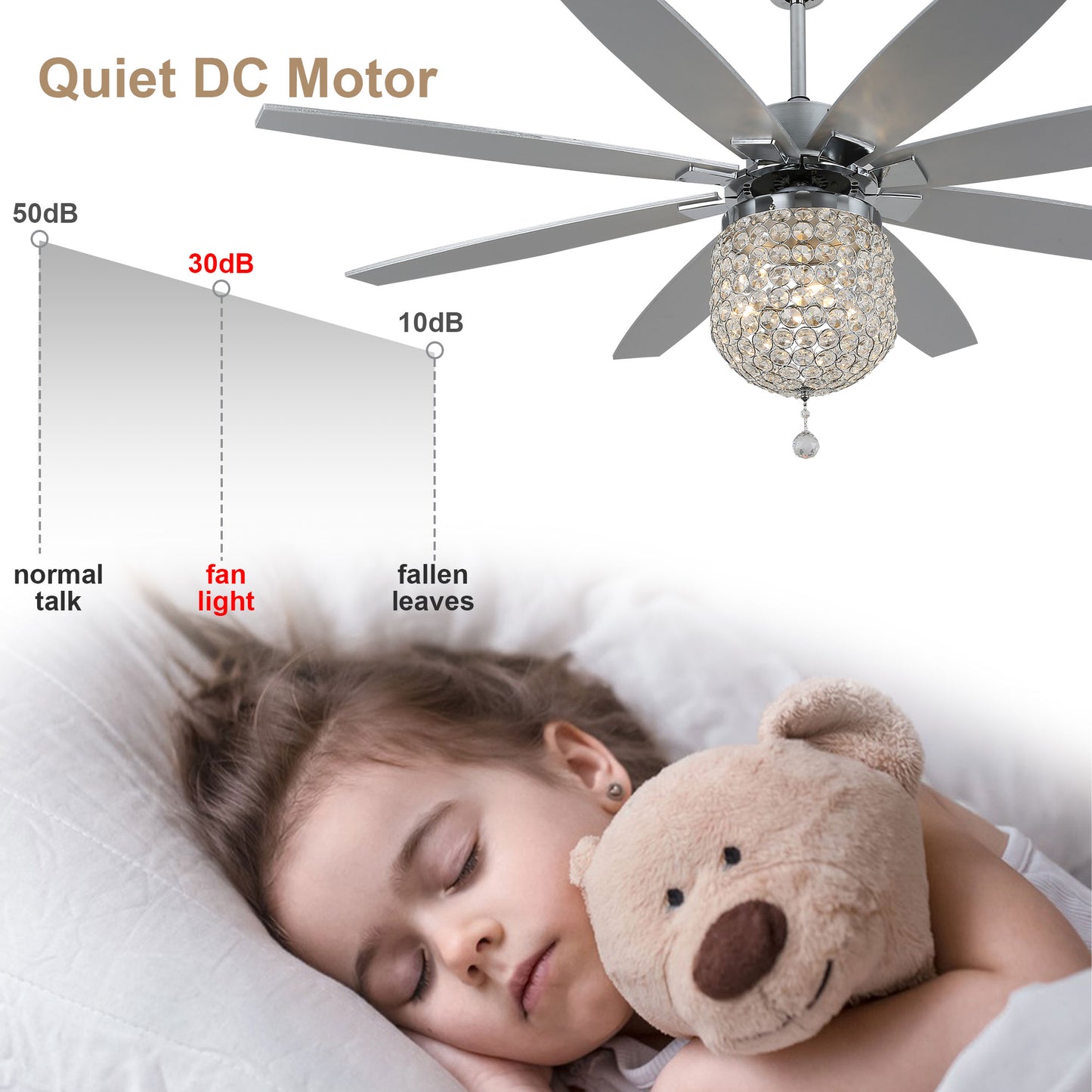 DC6504-BellaDepot 65" 8 Wooden Blades Silver Finish Crystal Reversible Ceiling Fan with Remote and 3 Lights, Large Size 6-speed Ceiling Fan