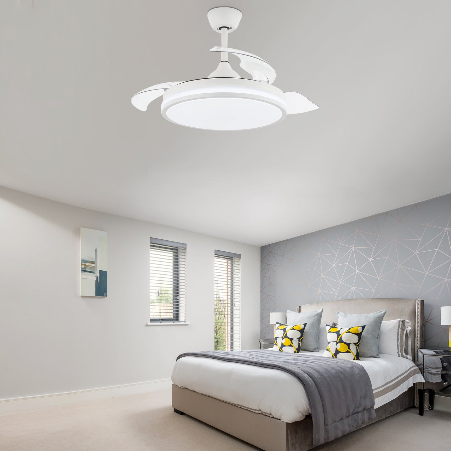 DC4260-BellaDepot 42" Black/Chrome/Gold/White Modern Reversible Ceiling Fan with Remote and LED Light Kit Included, 6 Speeds Retractable Ceiling Fan