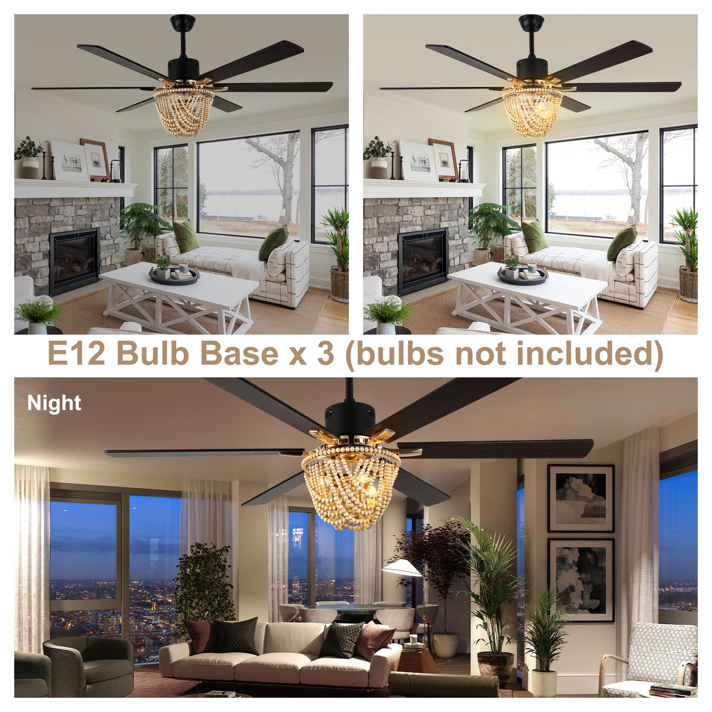 BellaDepot 65" Wood Bead Cottage Large Size Ceiling Fan with Remote Control, Silent Motor 6 Speeds Straight Leaf Fan with 3 Lights - DC6508